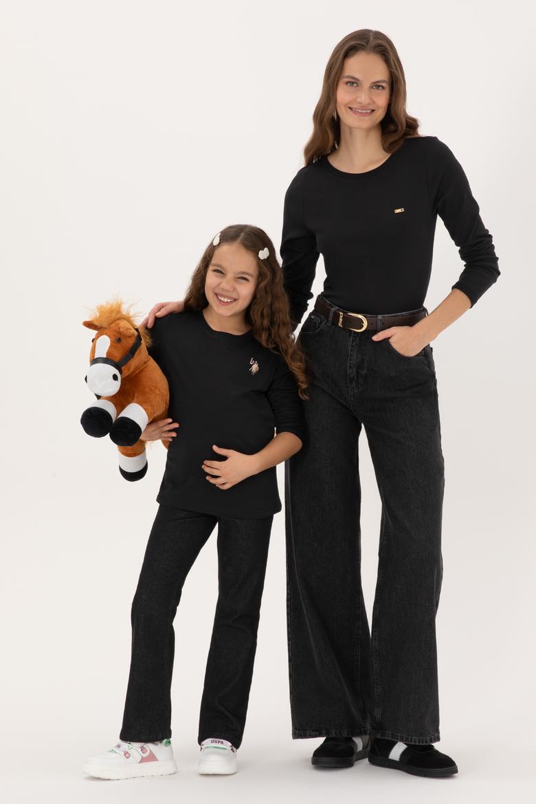 Kız Çocuk Siyah Bisiklet Yaka Basic Sweatshirt - 50317915019