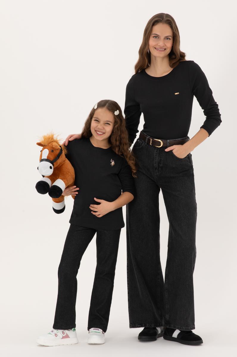 Kız Çocuk Siyah Bisiklet Yaka Basic Sweatshirt