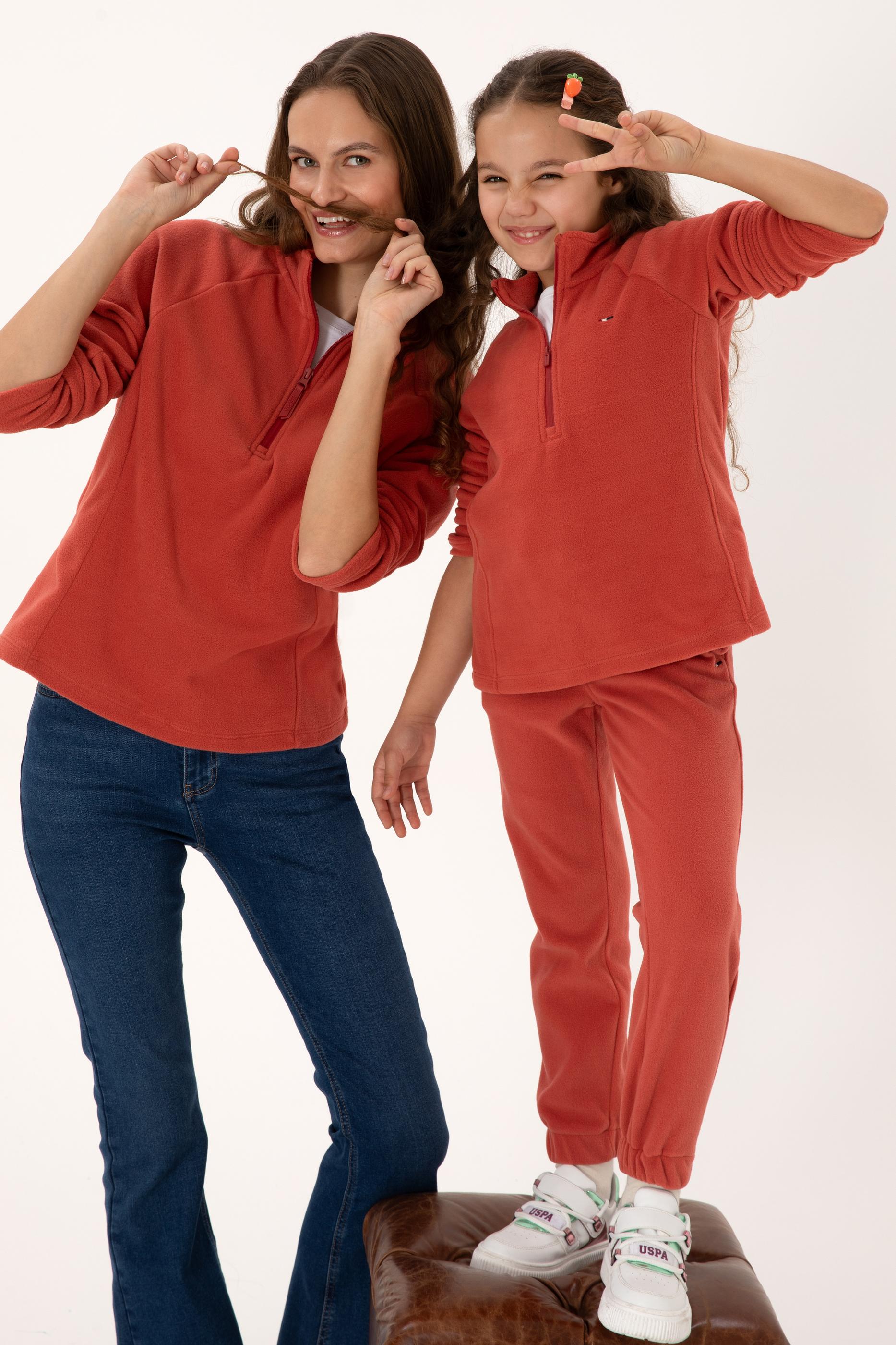 Kız Çocuk Gül Kurusu Polarlı Yarım Fermuarlı Sweatshirt