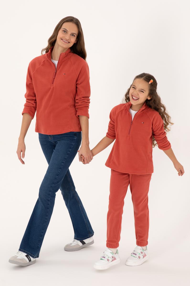 Kız Çocuk Gül Kurusu Polarlı Yarım Fermuarlı Sweatshirt