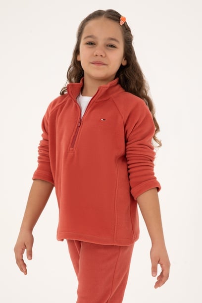 Kız Çocuk Gül Kurusu Polarlı Yarım Fermuarlı Sweatshirt