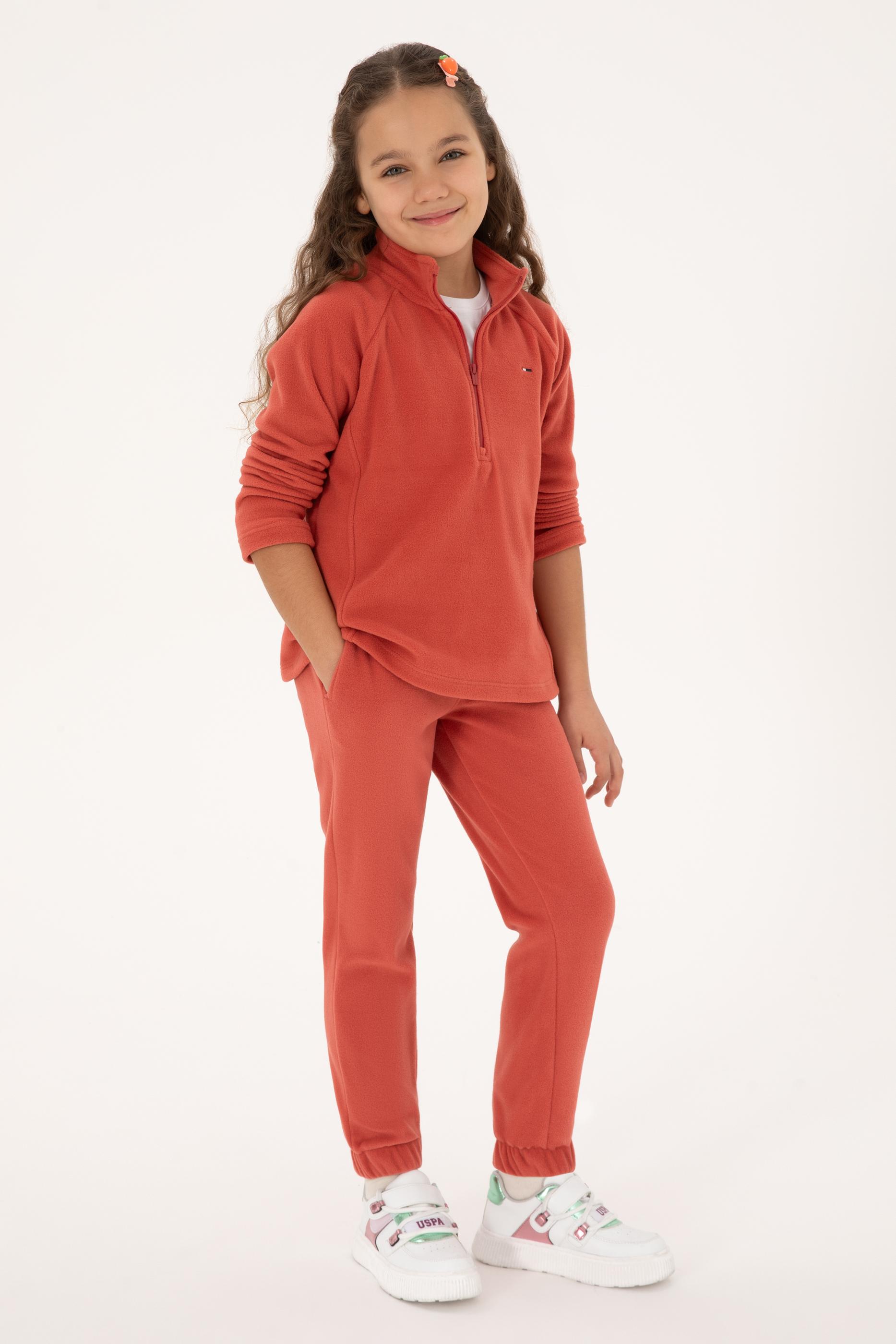 Kız Çocuk Gül Kurusu Polarlı Yarım Fermuarlı Sweatshirt