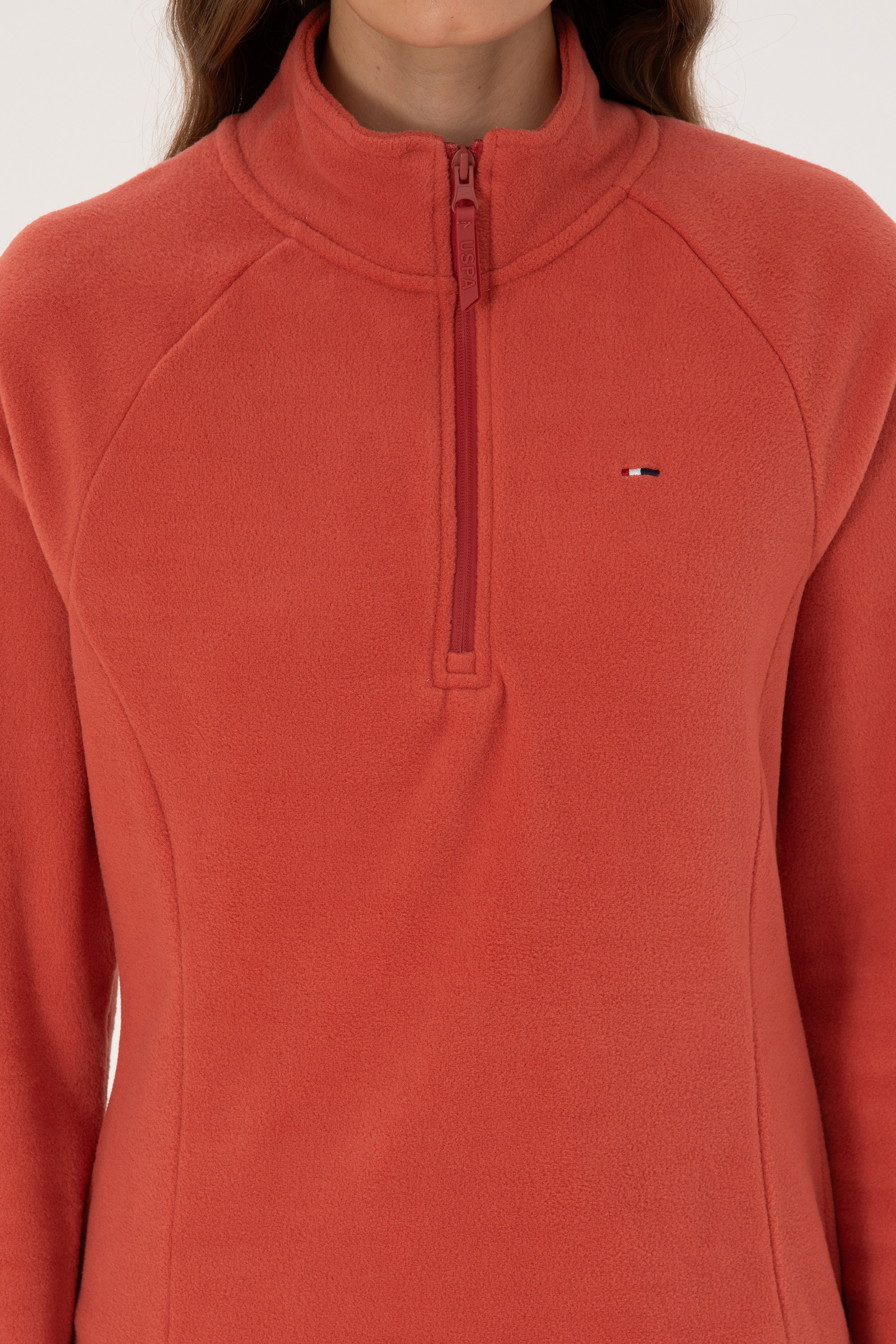 Kadın Kiremit Fermuarlı Dik Yaka Polar Sweatshirt - Image 6