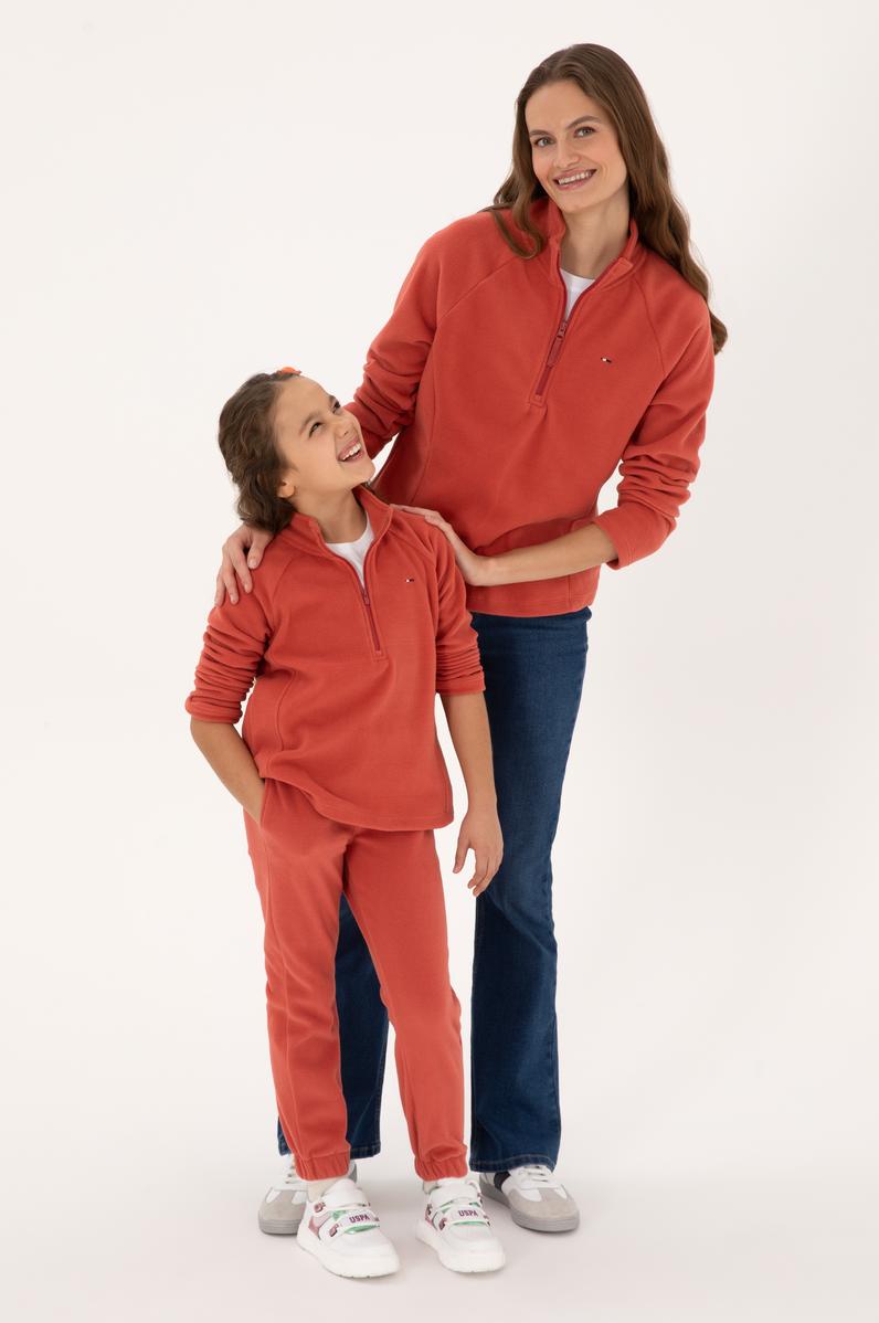 Kadın Kiremit Fermuarlı Dik Yaka Polar Sweatshirt