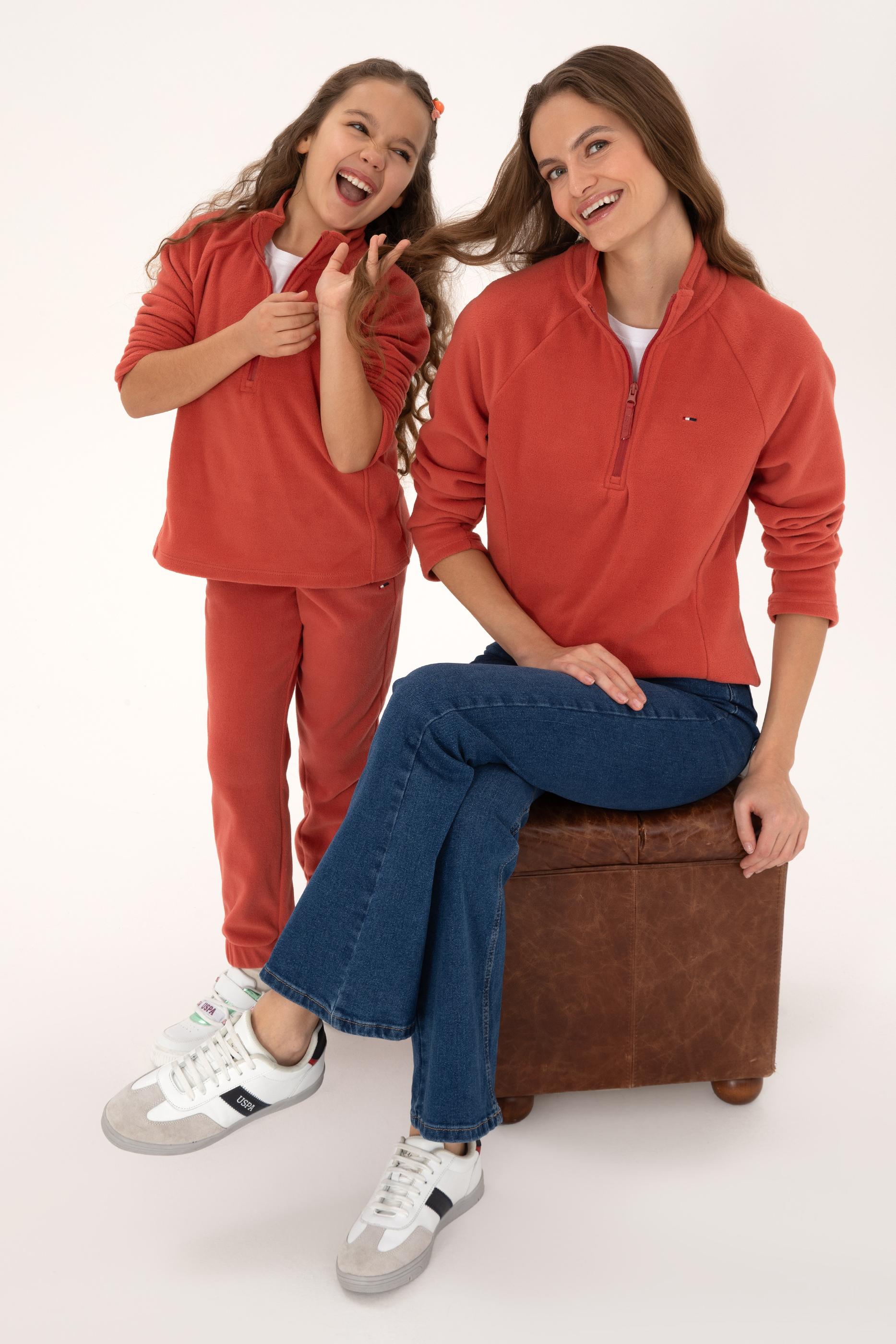 Kadın Kiremit Fermuarlı Dik Yaka Polar Sweatshirt