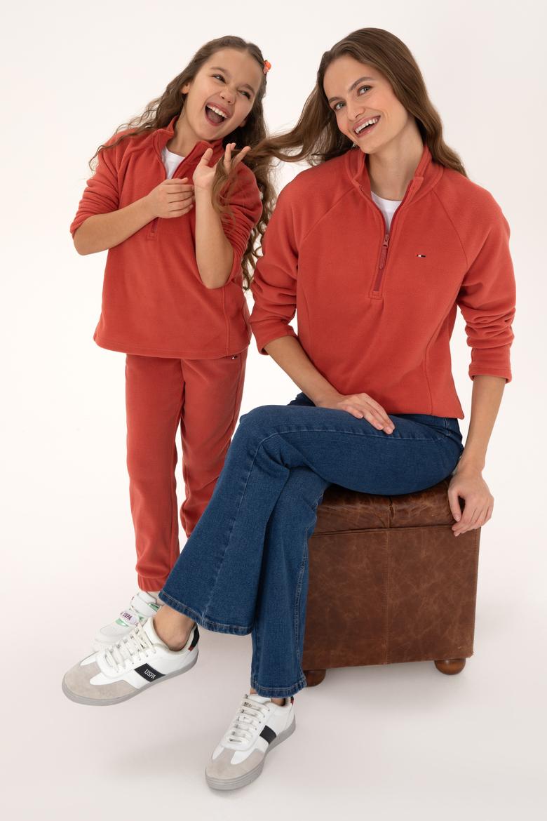 Kadın Kiremit Fermuarlı Dik Yaka Polar Sweatshirt - 50316714084