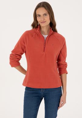 Kadın Kiremit Fermuarlı Dik Yaka Polar Sweatshirt - 50316714084