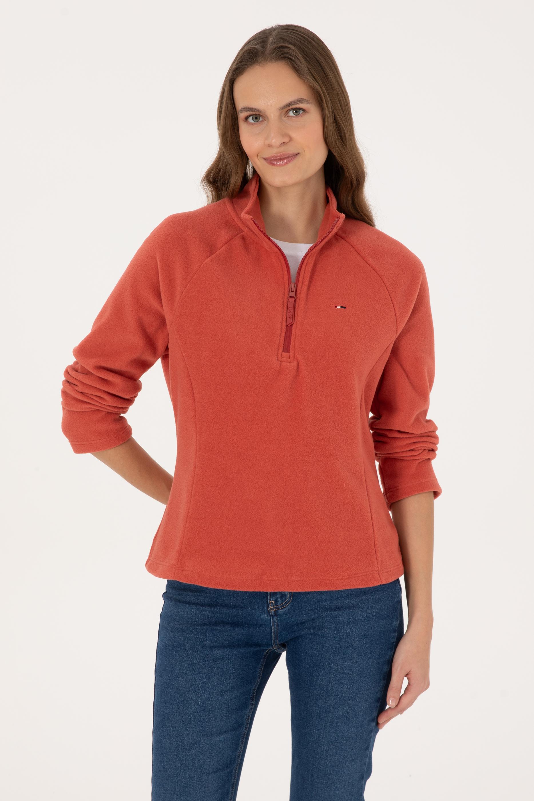 Kadın Kiremit Fermuarlı Dik Yaka Polar Sweatshirt