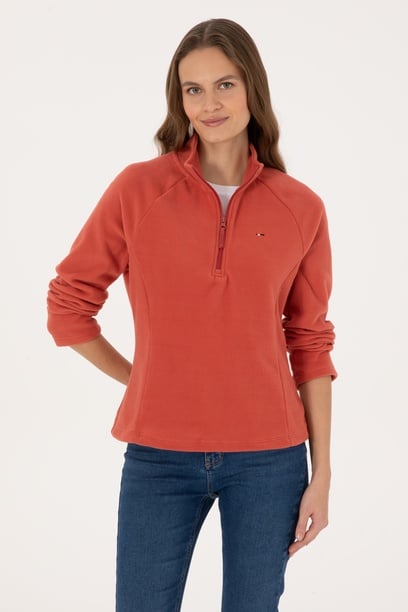 Kadın Kiremit Fermuarlı Dik Yaka Polar Sweatshirt