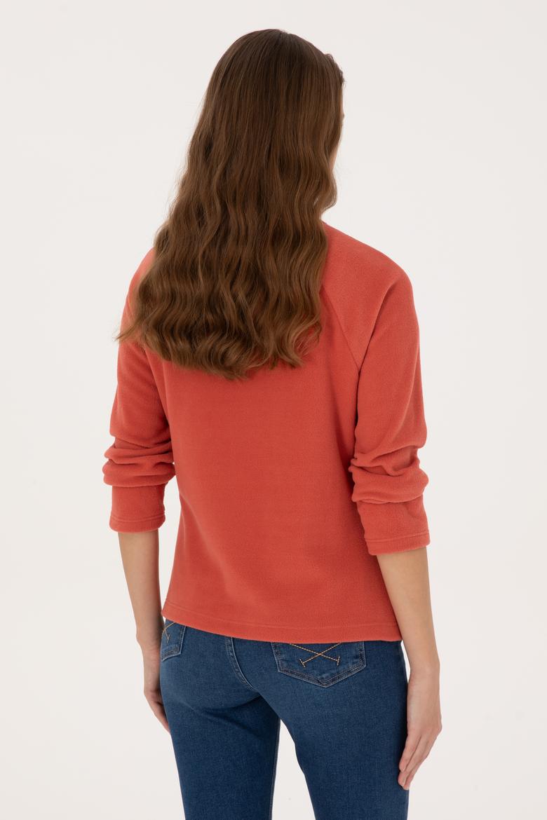 Kadın Kiremit Fermuarlı Dik Yaka Polar Sweatshirt - 50316714084