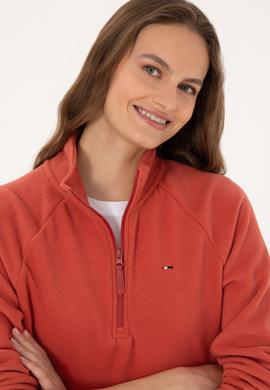 Kadın Kiremit Fermuarlı Dik Yaka Polar Sweatshirt - 50316714084