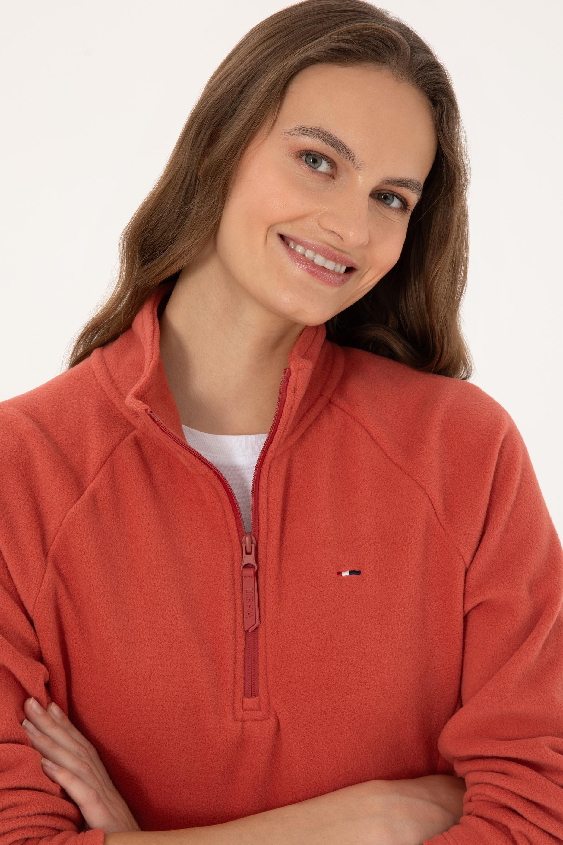 Kadın Kiremit Fermuarlı Dik Yaka Polar Sweatshirt