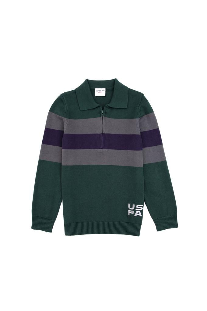 Erkek Çocuk Yeşil Polo Yaka Yarım Fermuarlı Kazak