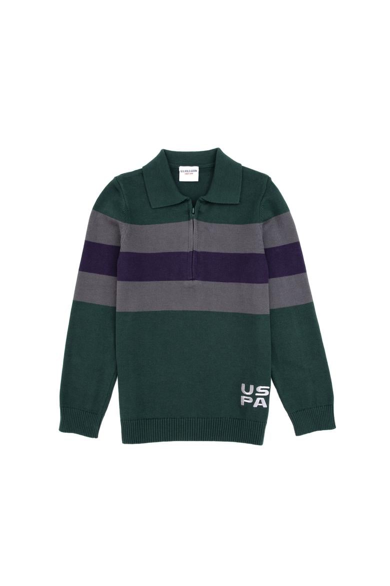 Erkek Çocuk Yeşil Polo Yaka Yarım Fermuarlı Kazak