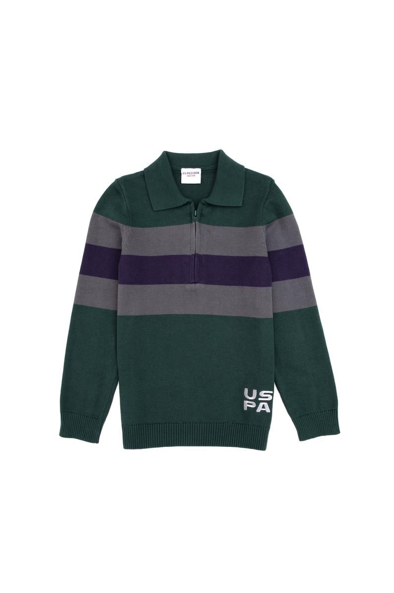 Erkek Çocuk Yeşil Polo Yaka Yarım Fermuarlı Kazak