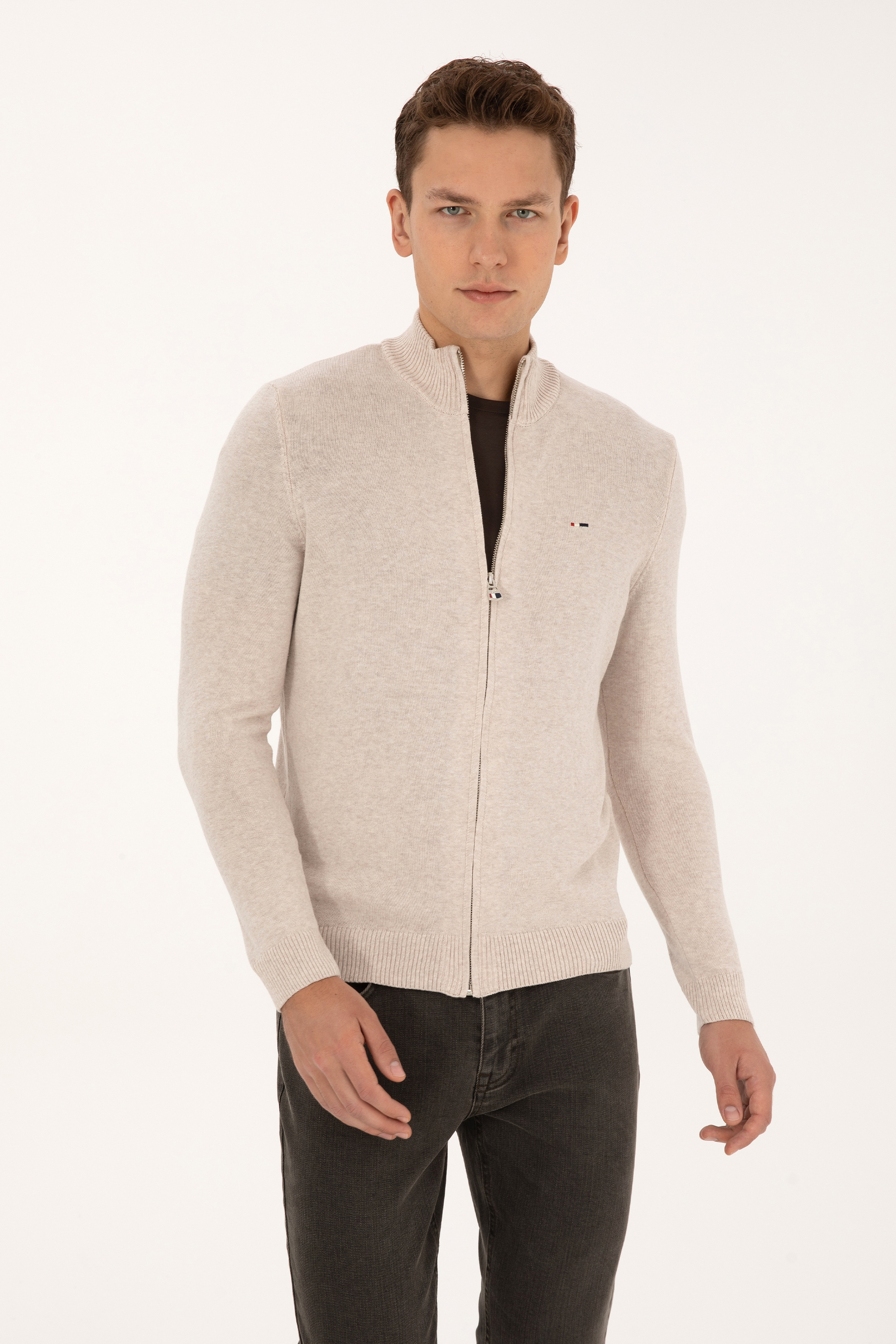 Erkek Slim Fit Taş Melanj Basic Triko Hırka - Image 3