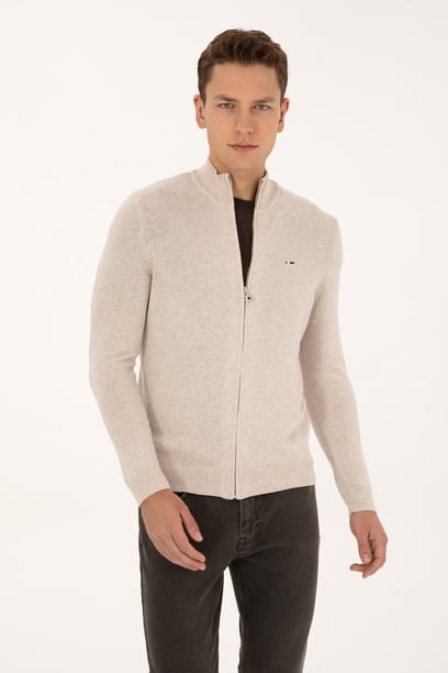 Erkek Slim Fit Taş Melanj Basic Triko Hırka