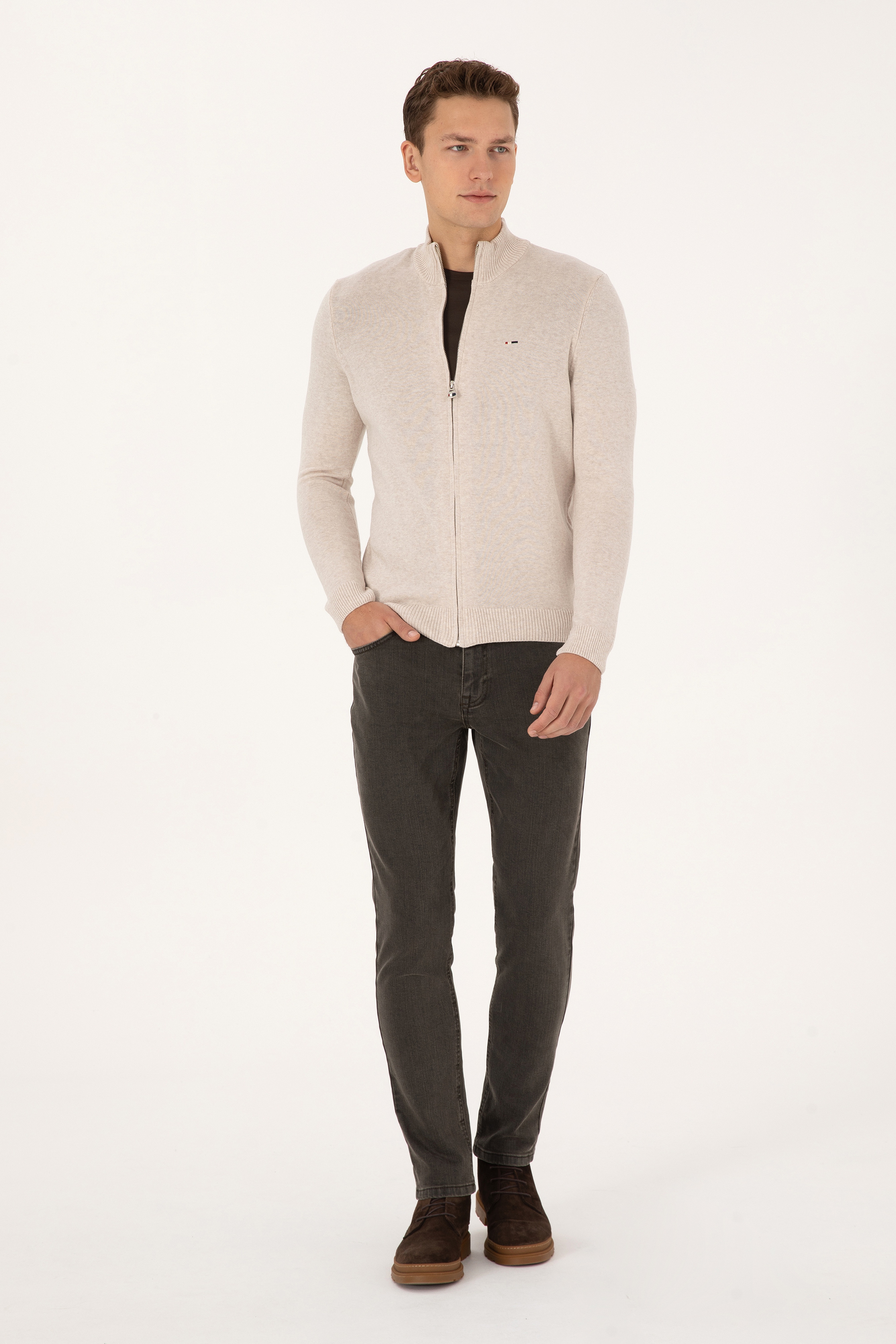 Erkek Slim Fit Taş Melanj Basic Triko Hırka