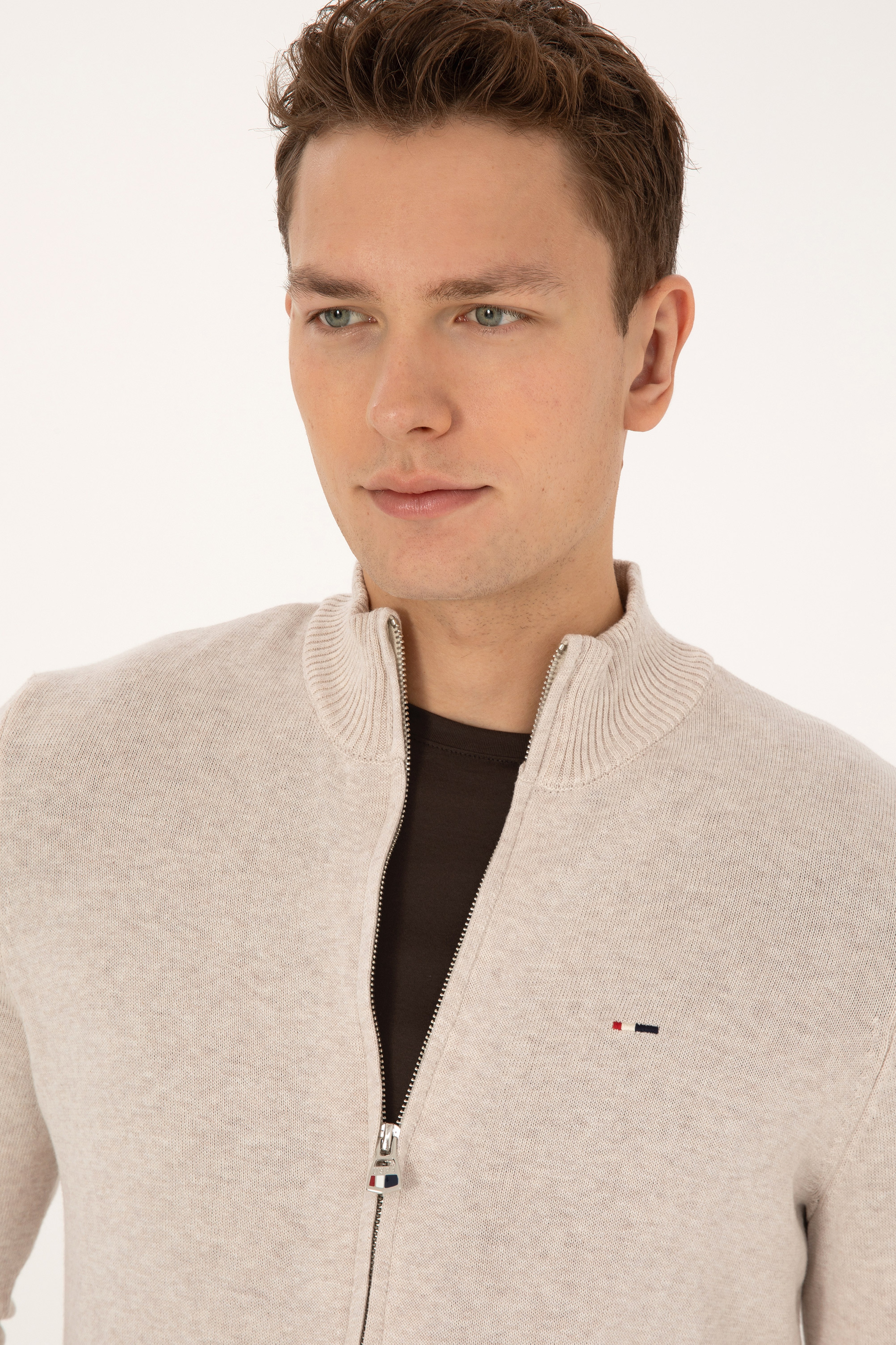 Erkek Slim Fit Taş Melanj Basic Triko Hırka