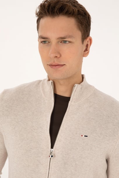 Erkek Slim Fit Taş Melanj Basic Triko Hırka
