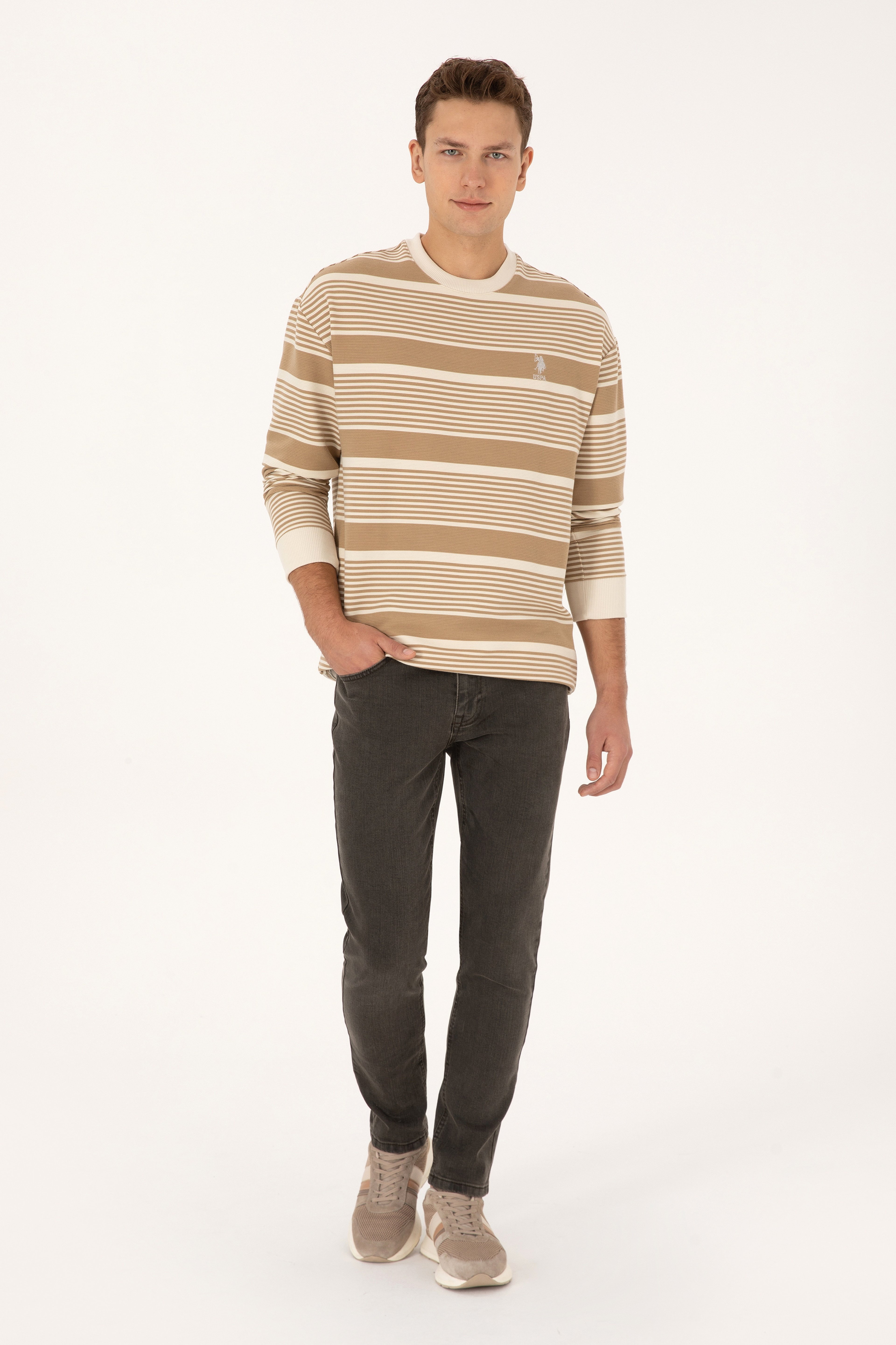Erkek Comfort Fit Bisiklet Yaka Krem Sweatshirt - Image 4