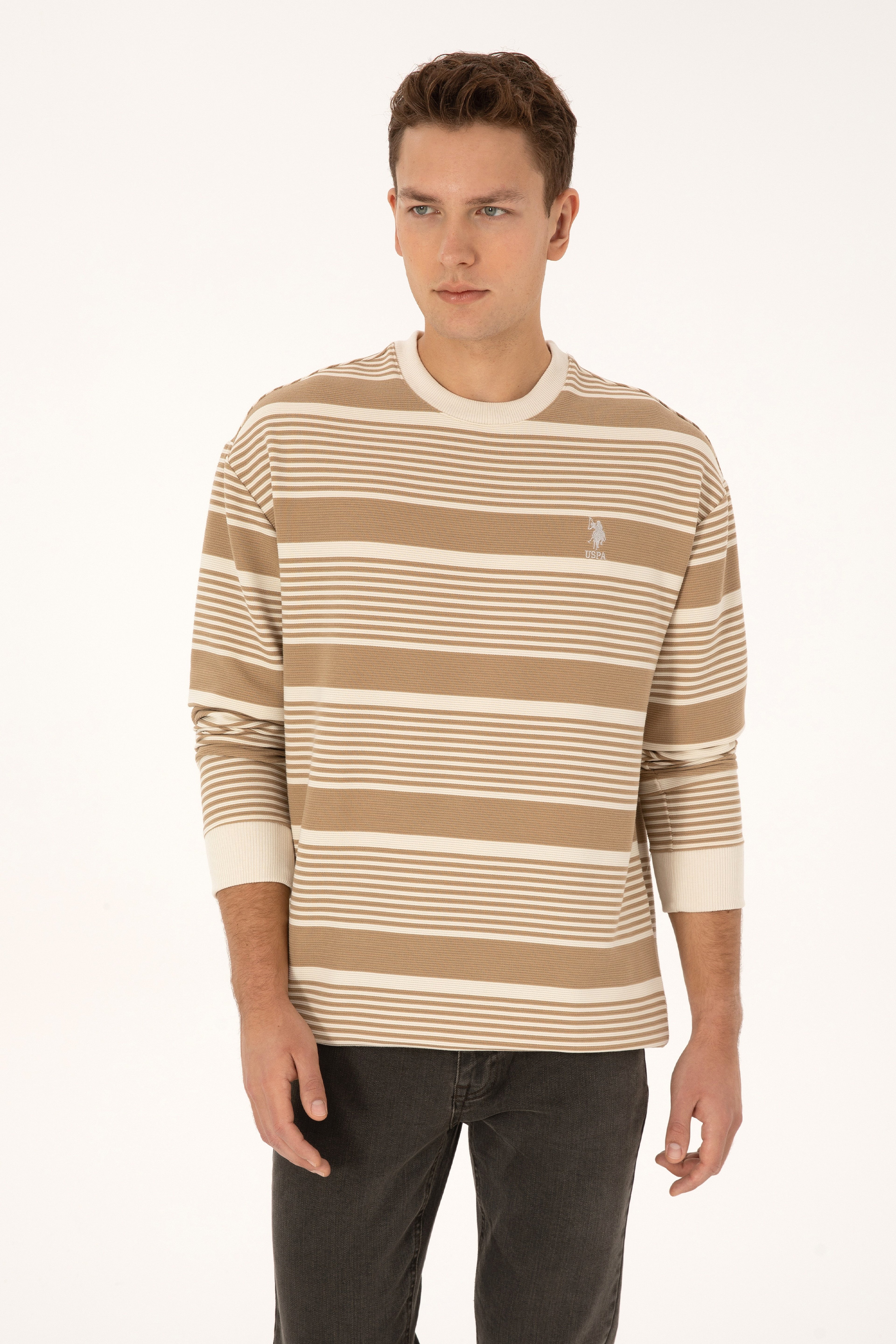 Erkek Comfort Fit Bisiklet Yaka Krem Sweatshirt - Image 1