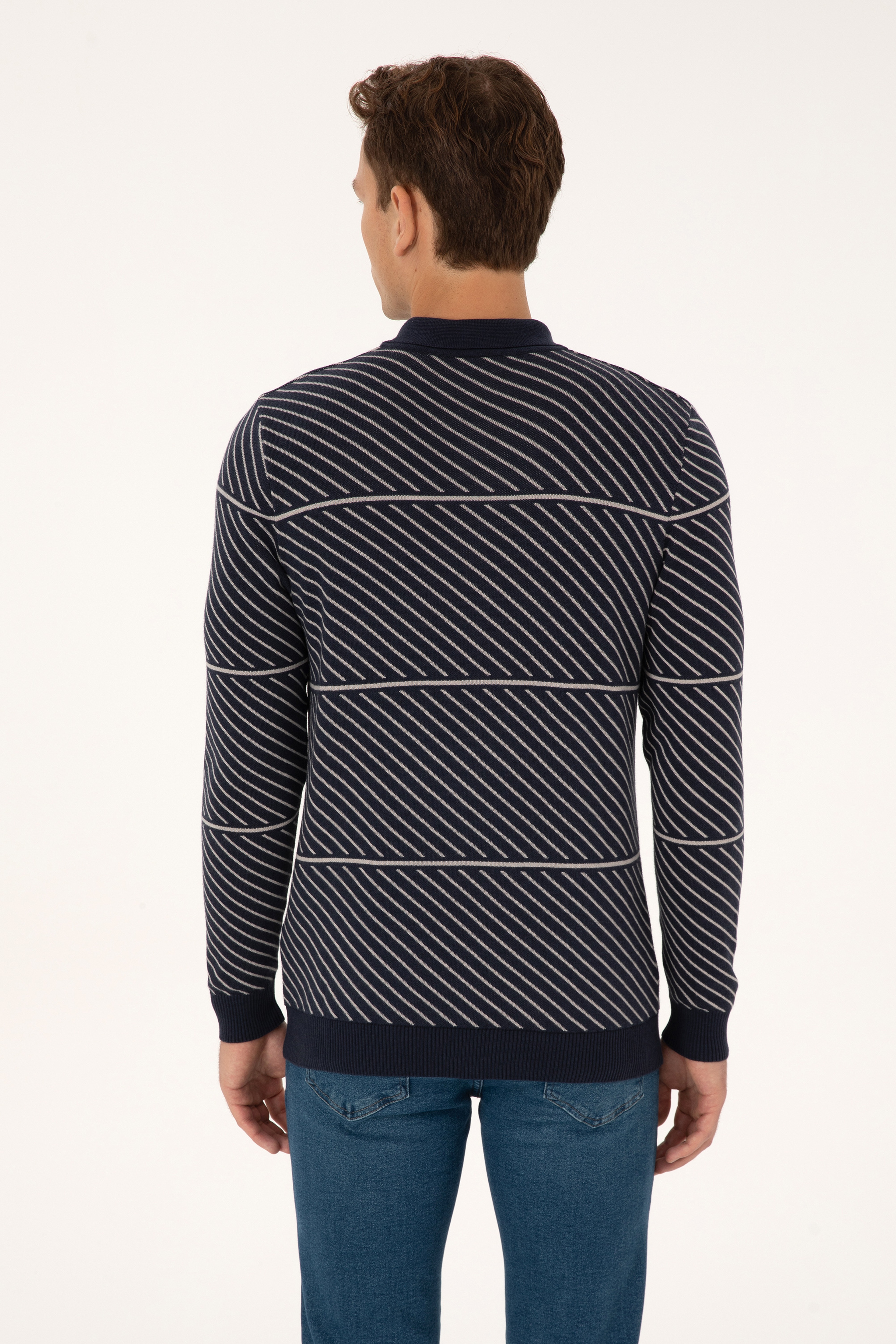 Erkek Slim Fit Yarım Fermuarlı Polo Yaka Lacivert Kazak - Image 5