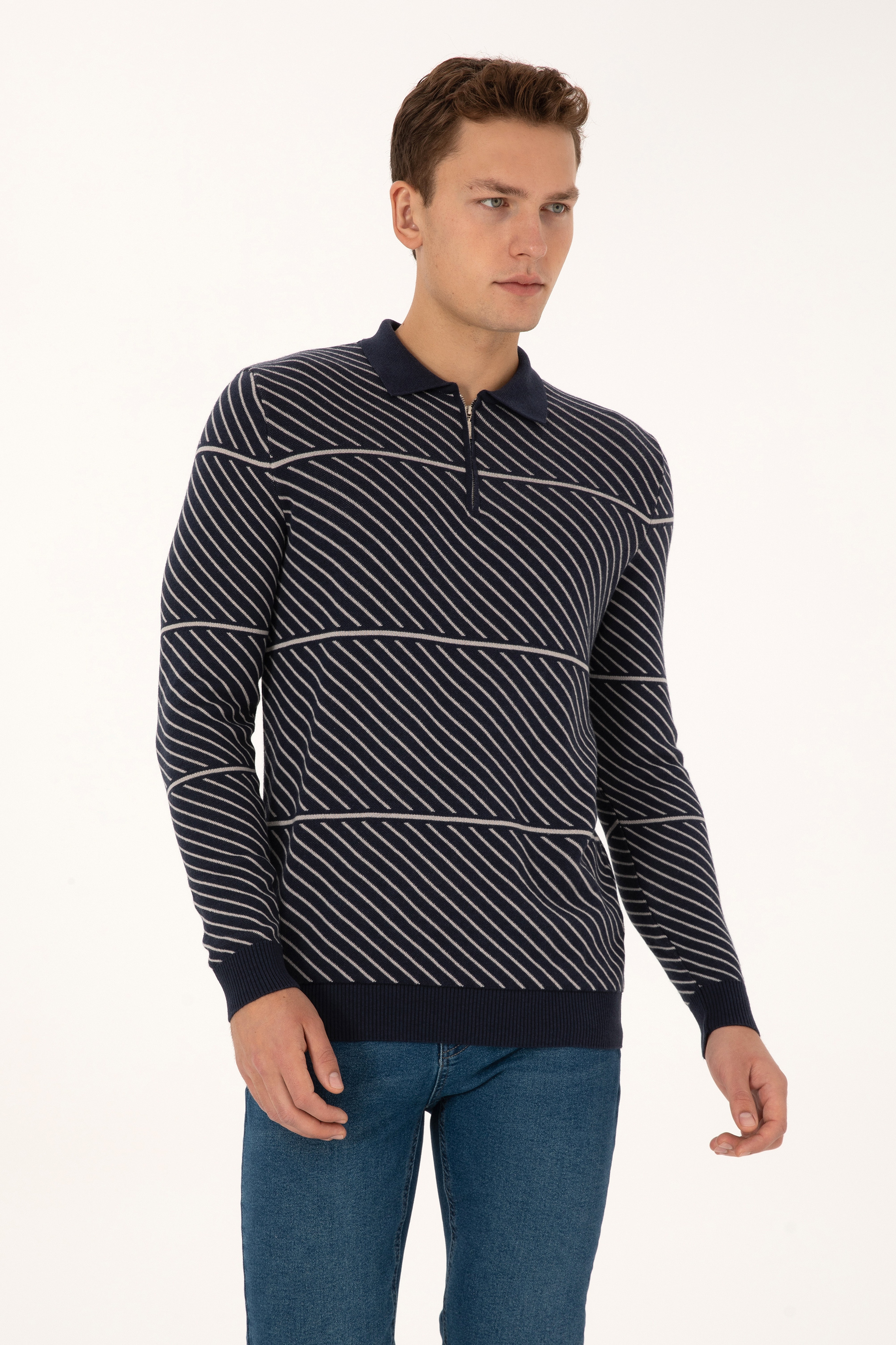 Erkek Slim Fit Yarım Fermuarlı Polo Yaka Lacivert Kazak - Image 1