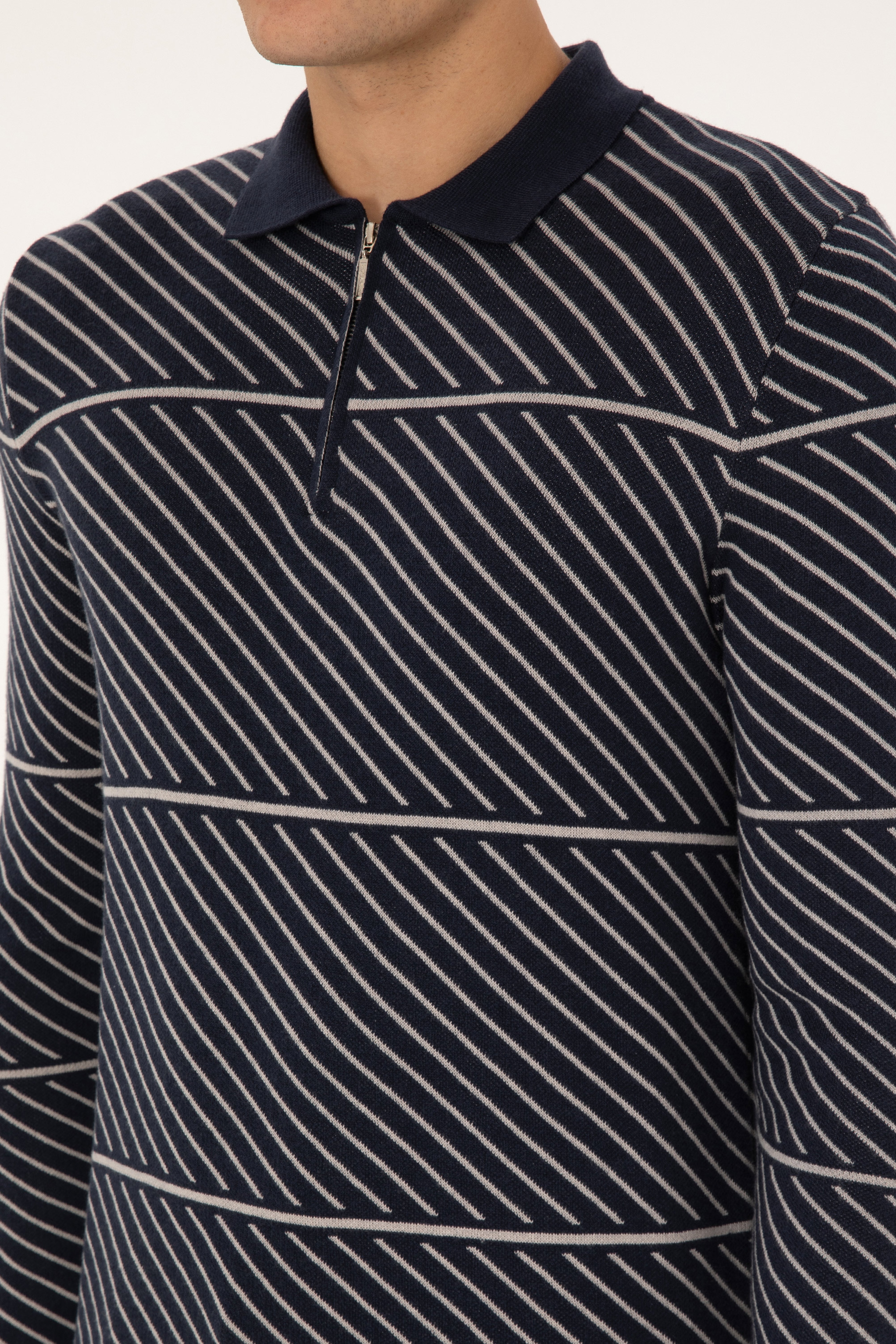 Erkek Slim Fit Yarım Fermuarlı Polo Yaka Lacivert Kazak - Image 7
