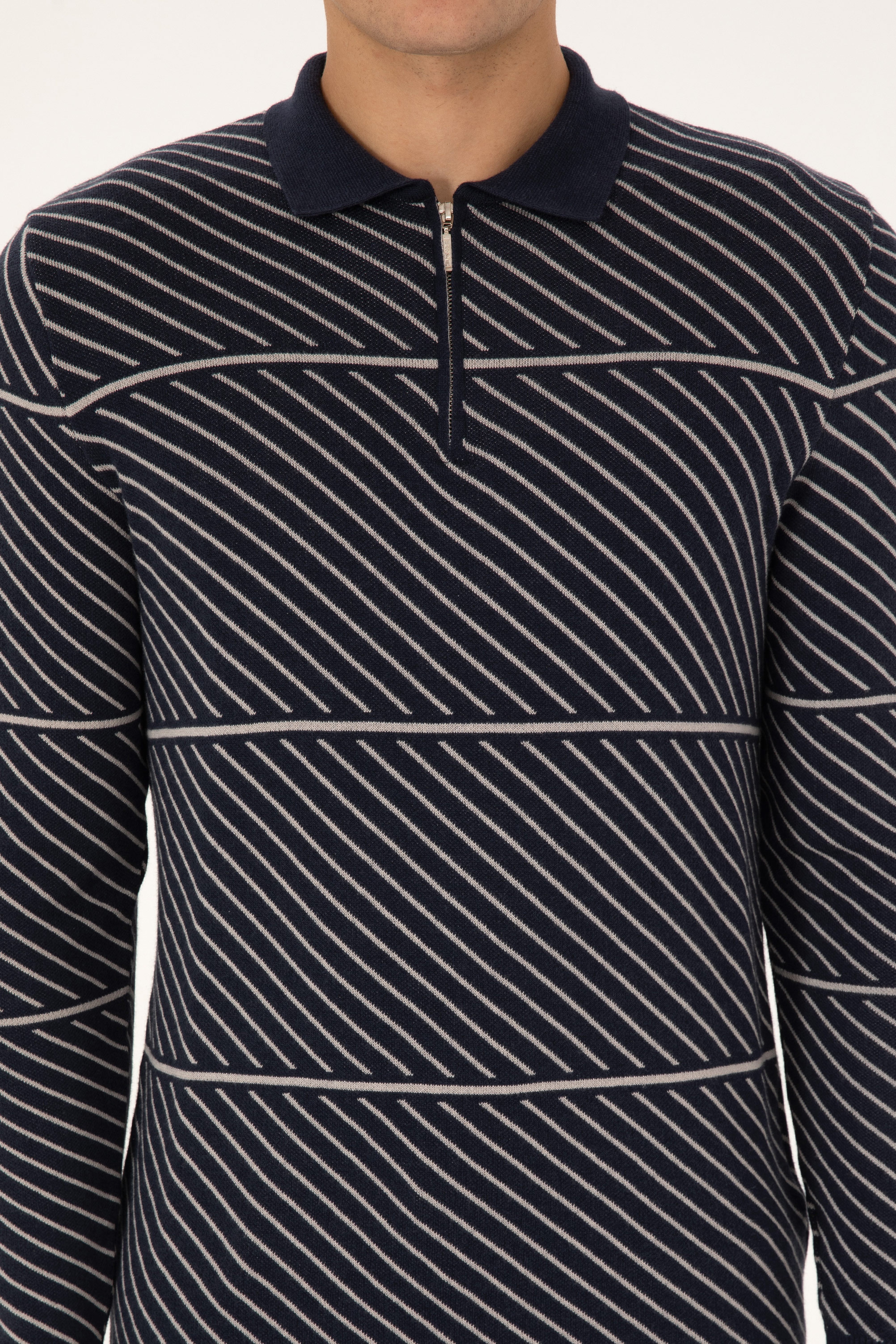 Erkek Slim Fit Yarım Fermuarlı Polo Yaka Lacivert Kazak - Image 6