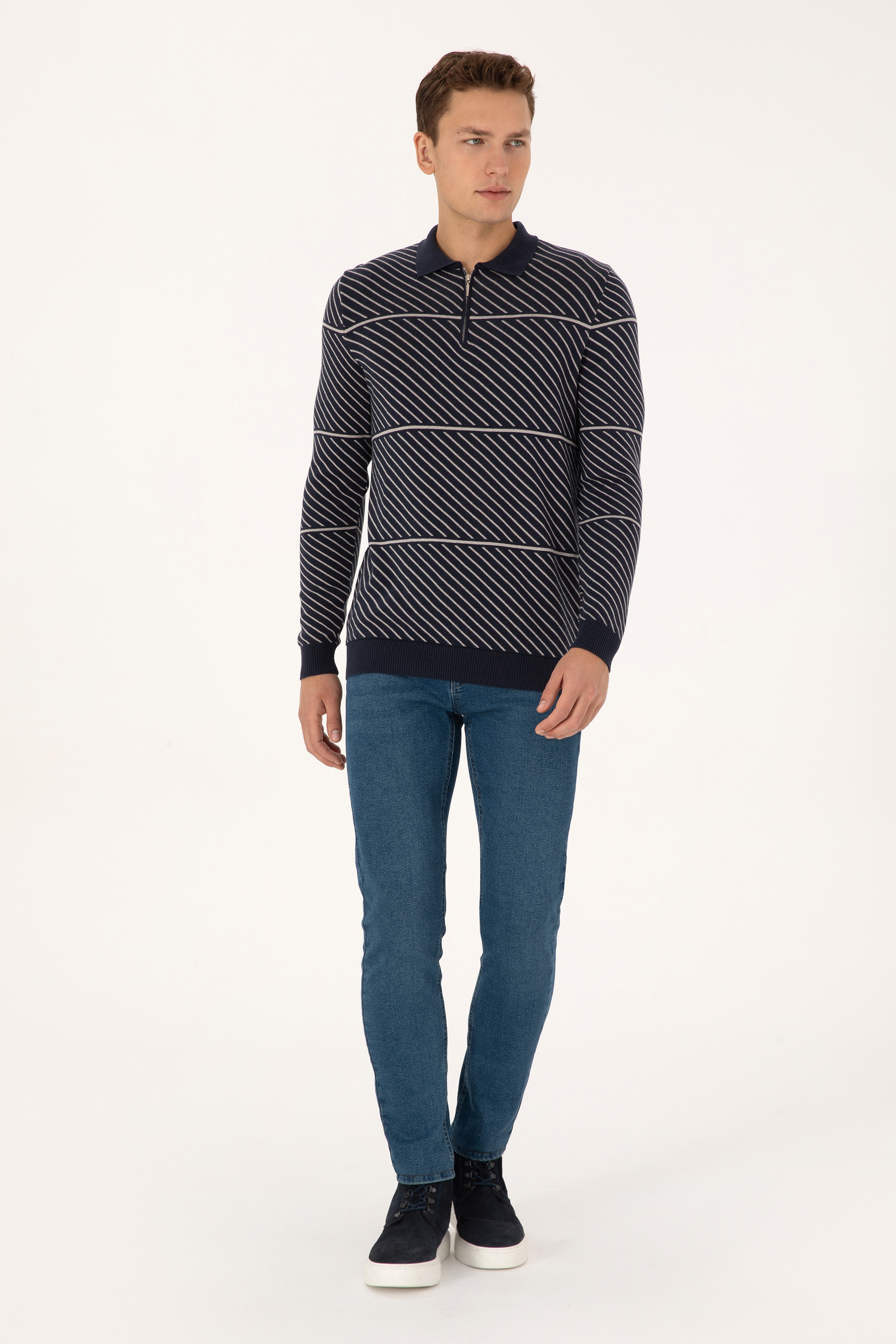 Erkek Slim Fit Yarım Fermuarlı Polo Yaka Lacivert Kazak