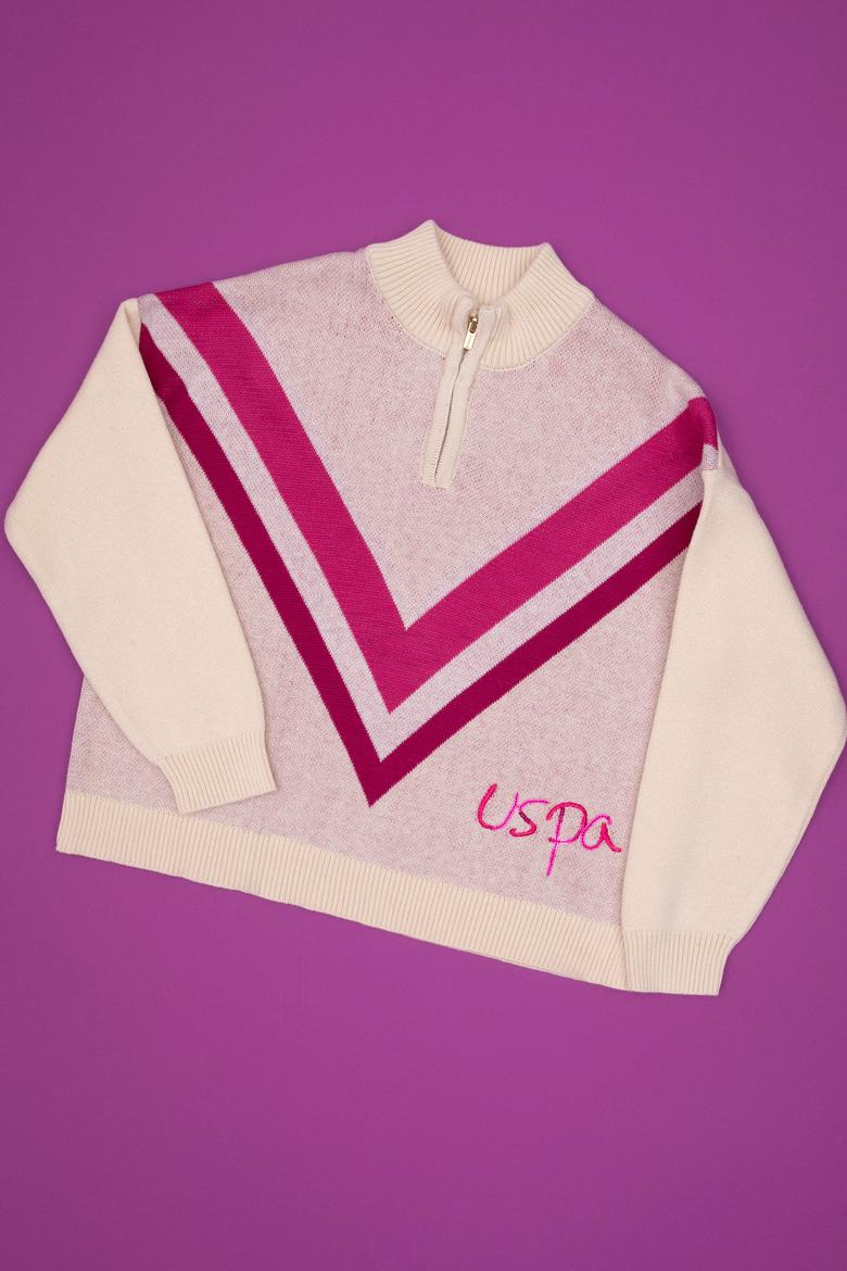 Kız Çocuk Krem Yarım Fermuarlı Kazak