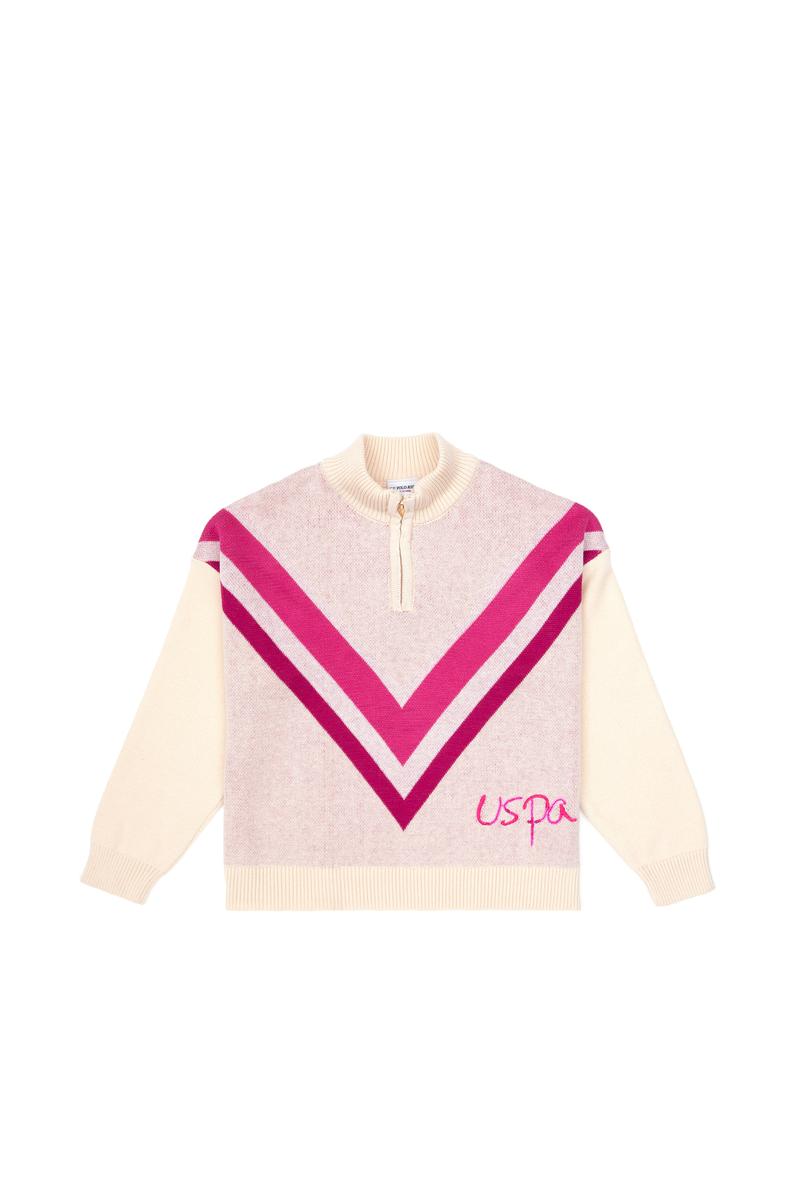 Kız Çocuk Krem Yarım Fermuarlı Kazak