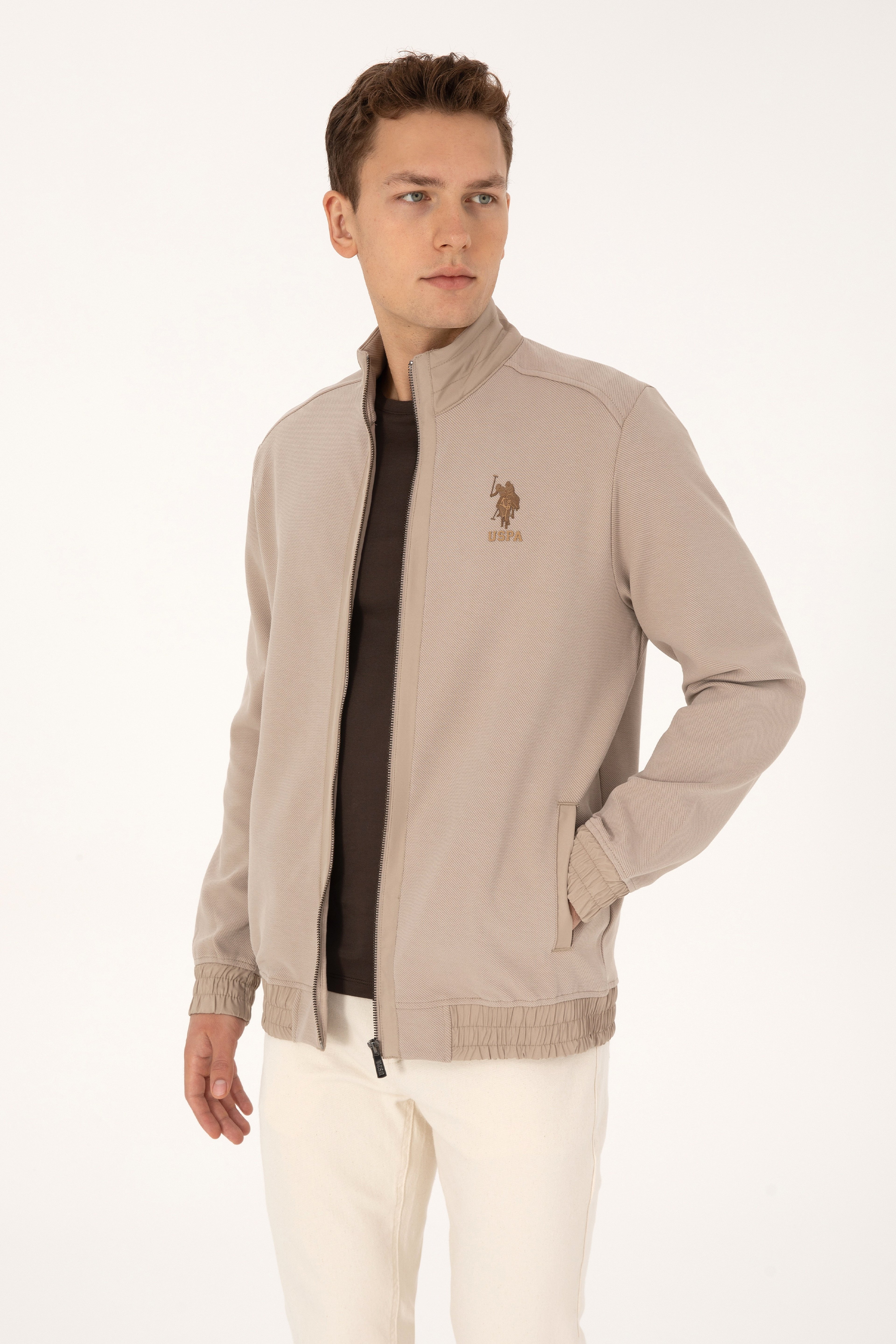 Erkek Regular Fit Fermuarlı Koyu Bej Örme Hırka - Image 3