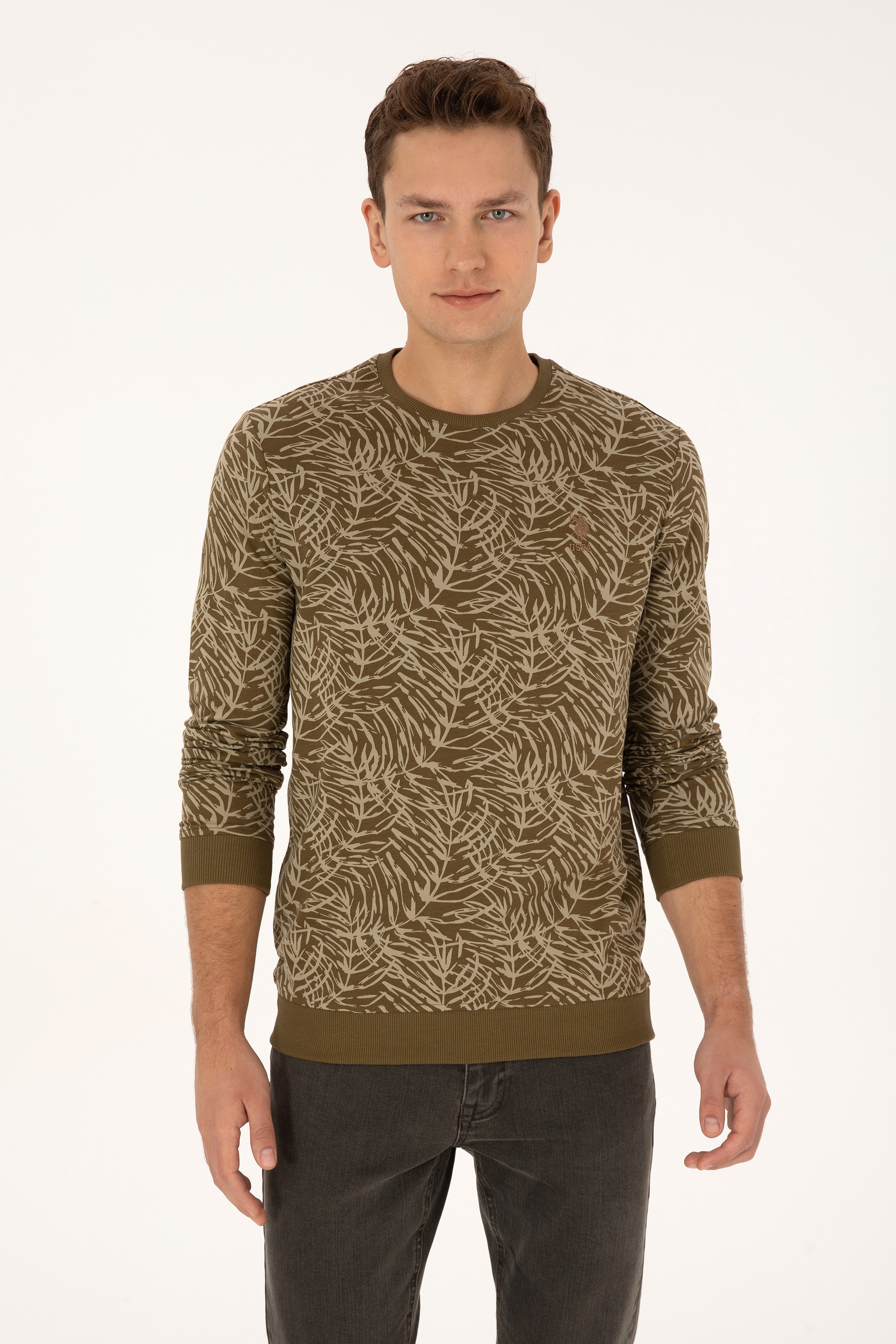 Erkek Regular Fit Bisiklet Yaka Haki Sweatshirt - Image 3