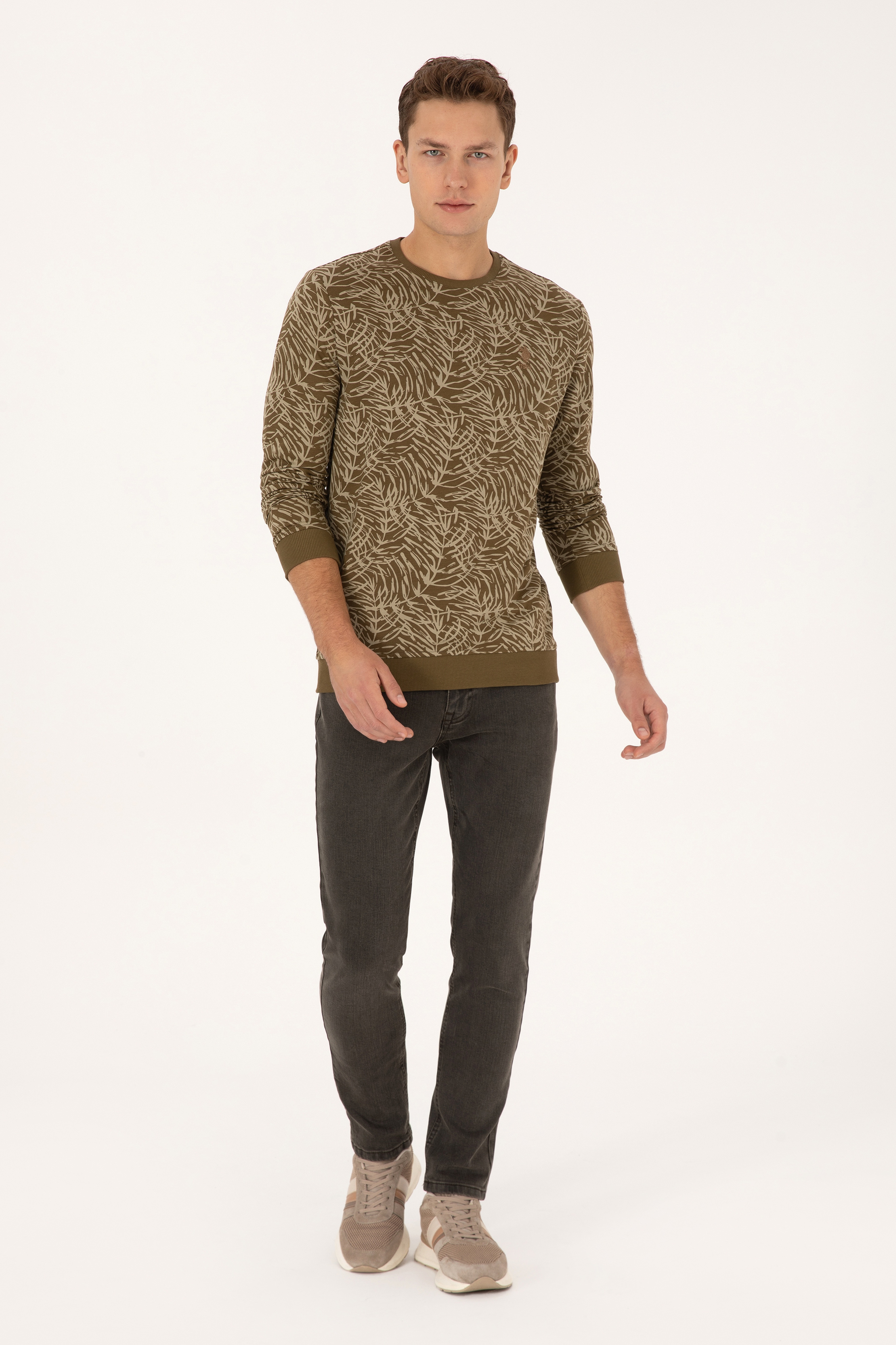 Erkek Regular Fit Bisiklet Yaka Haki Sweatshirt