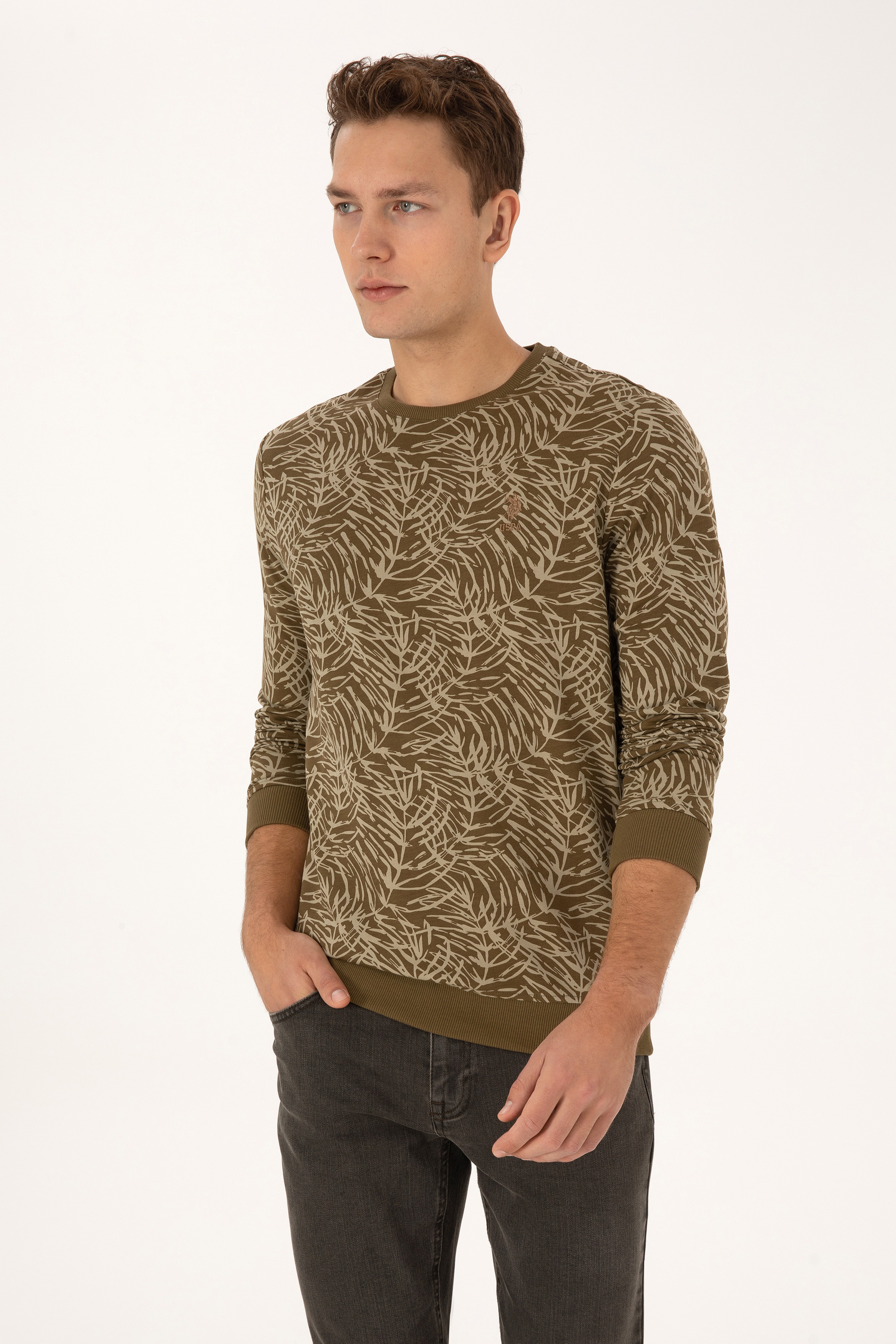 Erkek Regular Fit Bisiklet Yaka Haki Sweatshirt - Image 1
