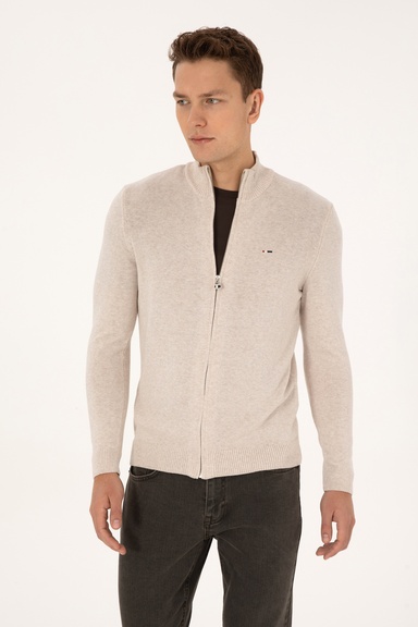 Erkek Slim Fit Taş Melanj Basic Triko Hırka