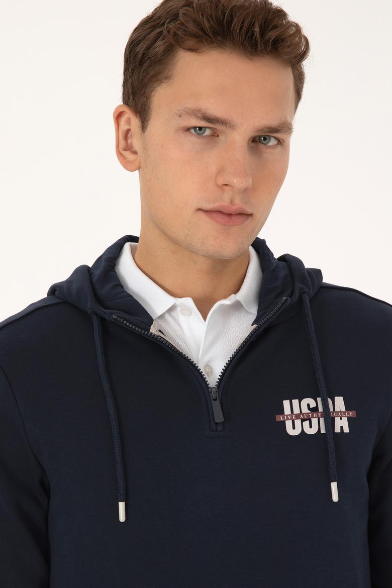 Erkek Regular Fit Yarım Fermuarlı Kapüşonlu Lacivert Sweatshirt - 50315525041