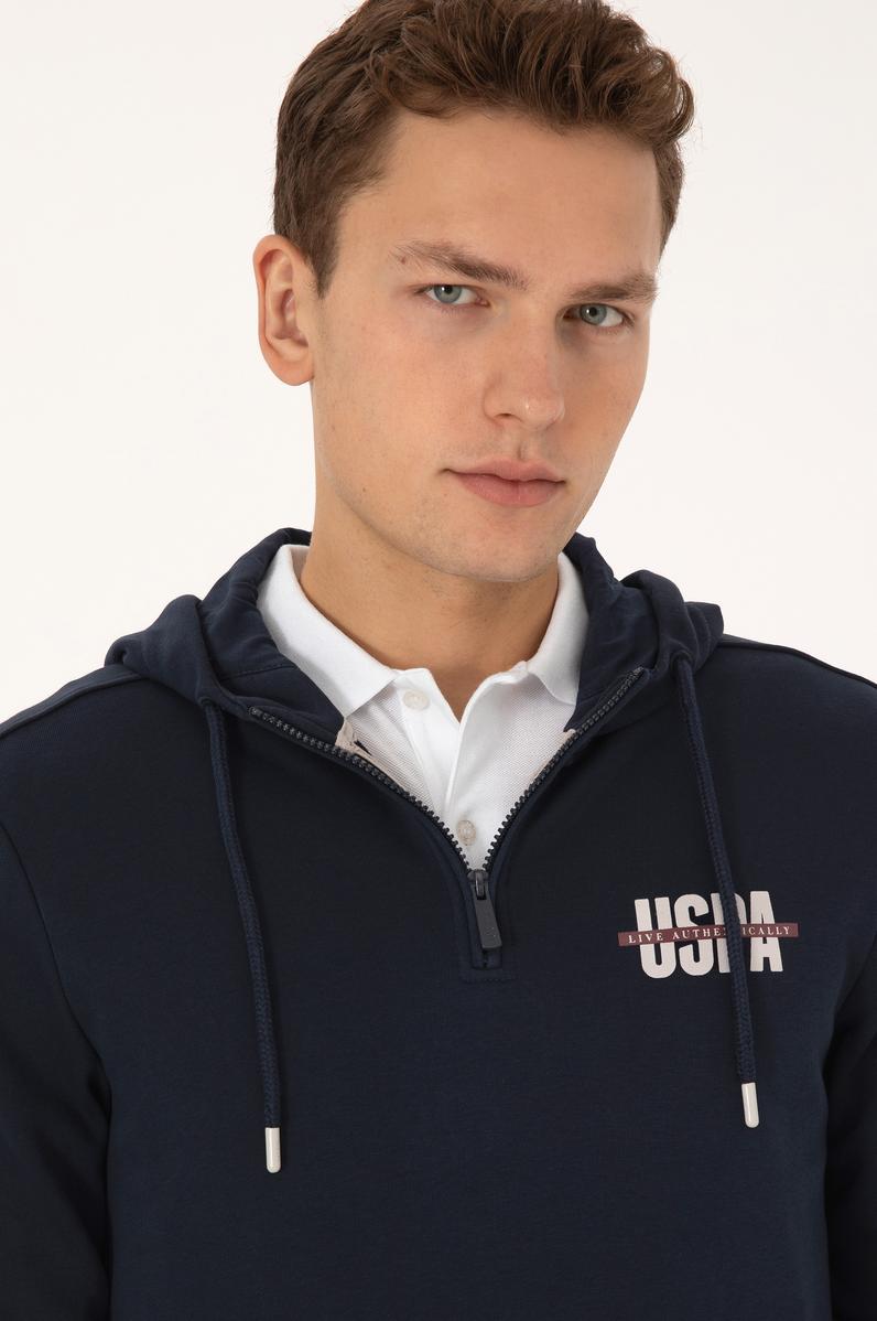 Erkek Regular Fit Yarım Fermuarlı Kapüşonlu Lacivert Sweatshirt