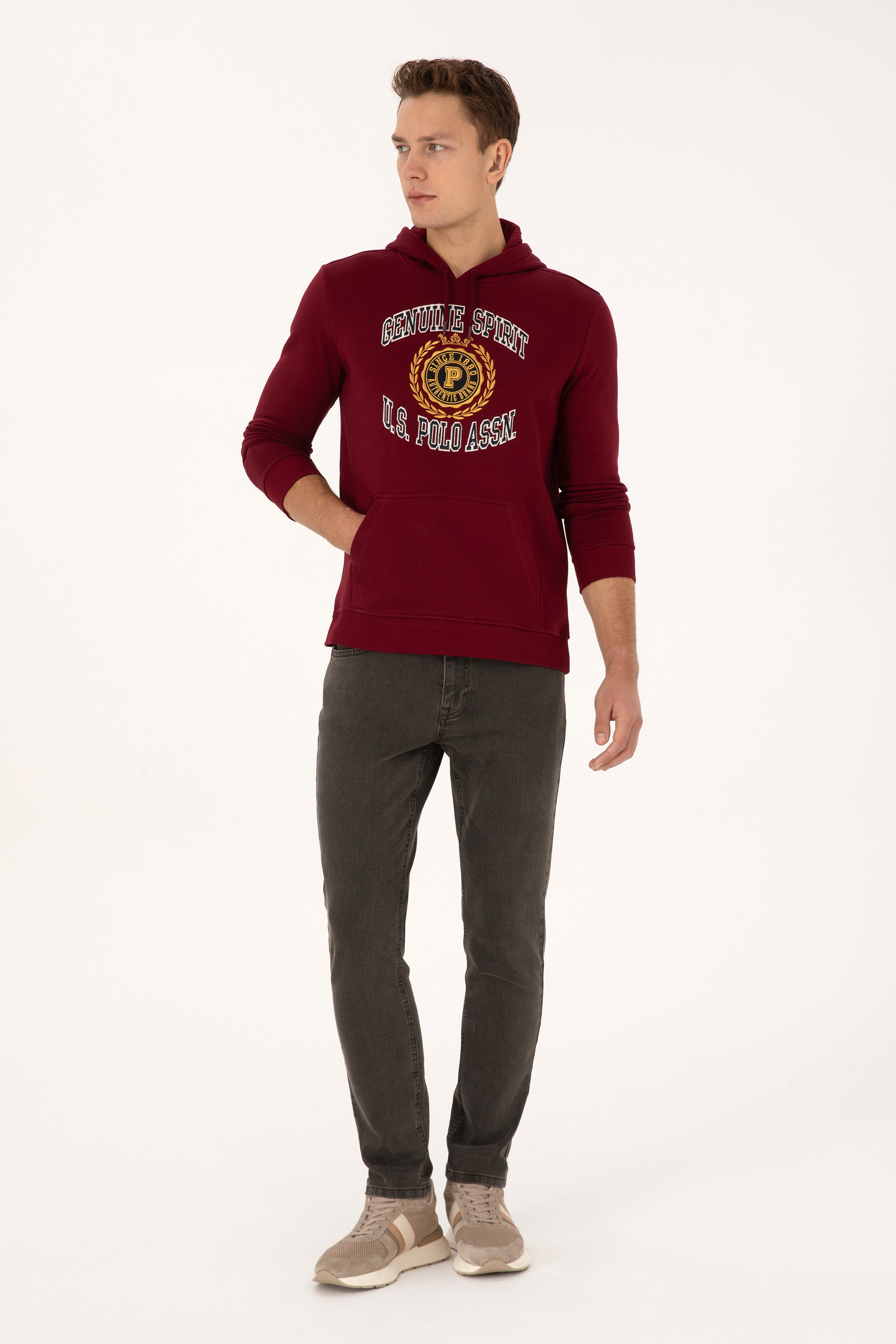 Erkek Regular Fit Kapüşonlu Şardonlu Bordo Sweatshirt