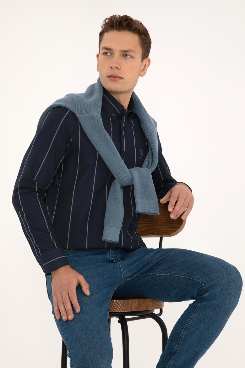 Erkek Lacivert Uzun Kollu Çizgili Gömlek