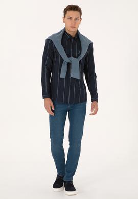 Erkek Lacivert Uzun Kollu Çizgili Gömlek - 50308537023