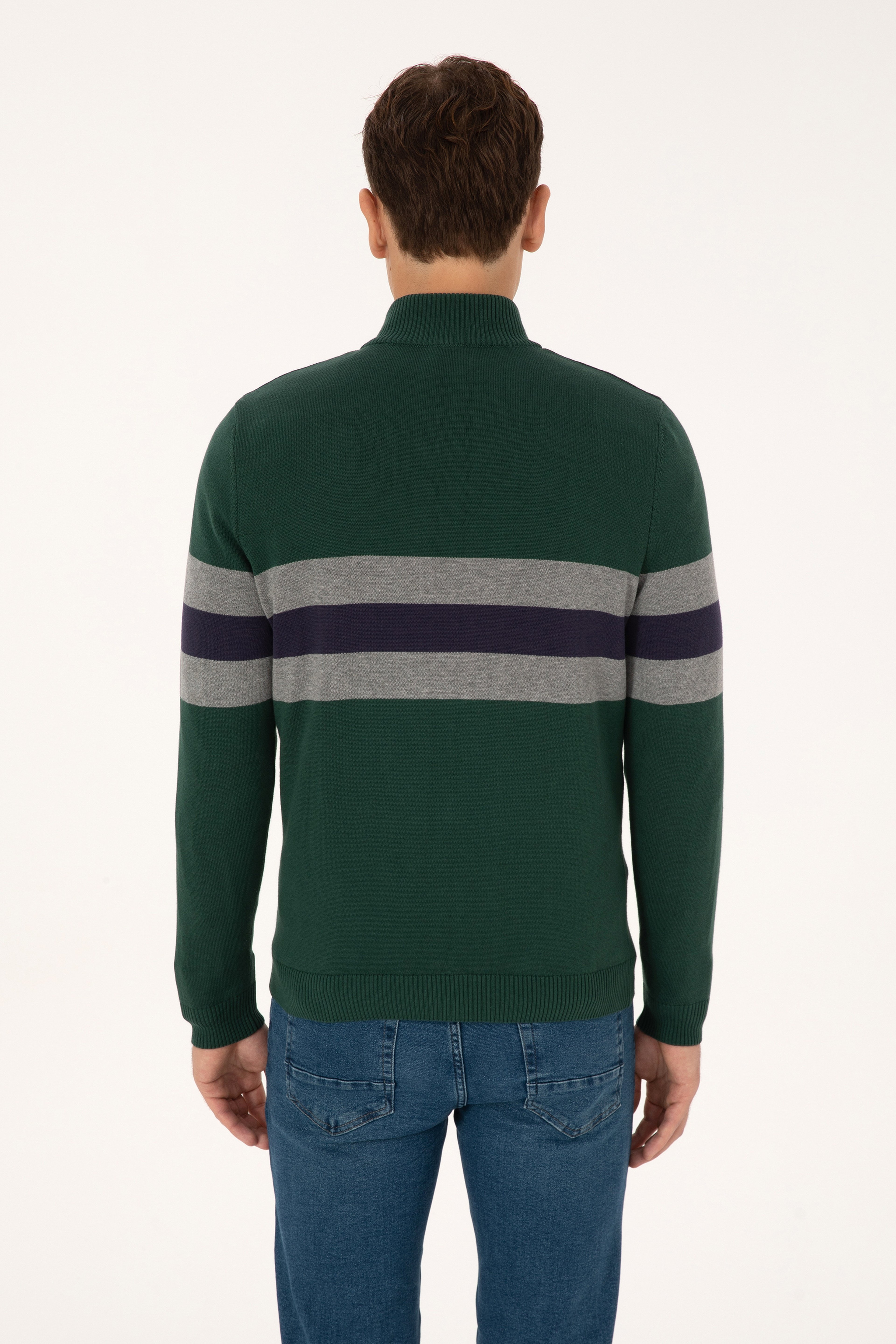 Erkek Regular Fit Yarım Fermuarlı Koyu Yeşil Kazak - Image 5