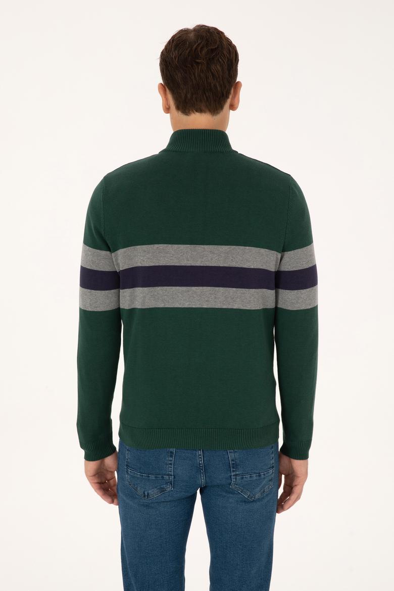 Erkek Regular Fit Yarım Fermuarlı Koyu Yeşil Kazak - 50315034043