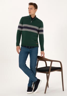 Erkek Regular Fit Yarım Fermuarlı Koyu Yeşil Kazak - 50315034043