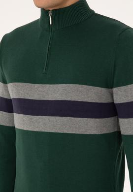 Erkek Regular Fit Yarım Fermuarlı Koyu Yeşil Kazak - 50315034043