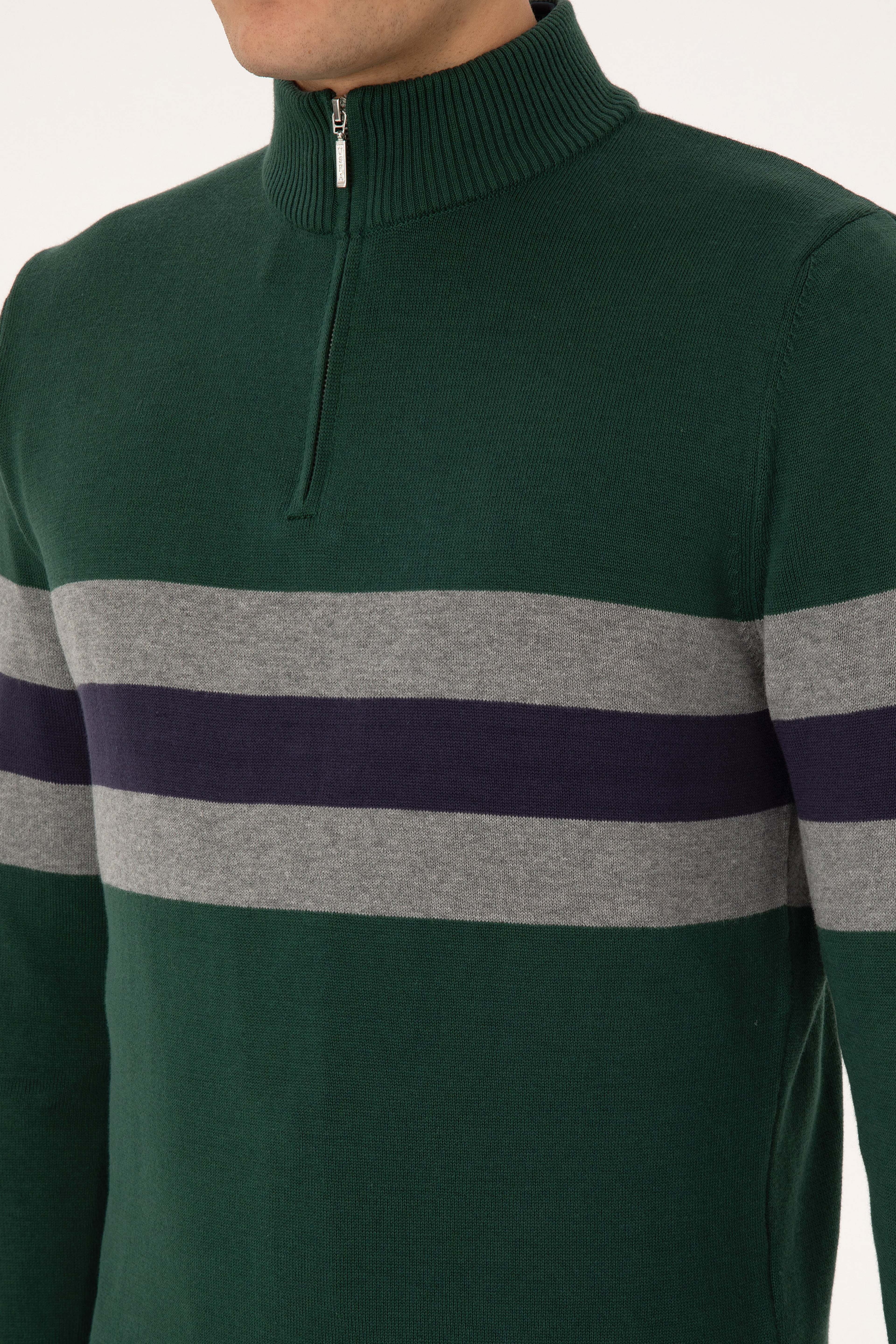 Erkek Regular Fit Yarım Fermuarlı Koyu Yeşil Kazak - Image 7