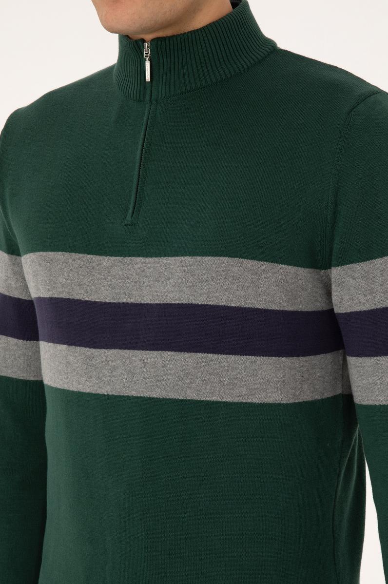 Erkek Regular Fit Yarım Fermuarlı Koyu Yeşil Kazak