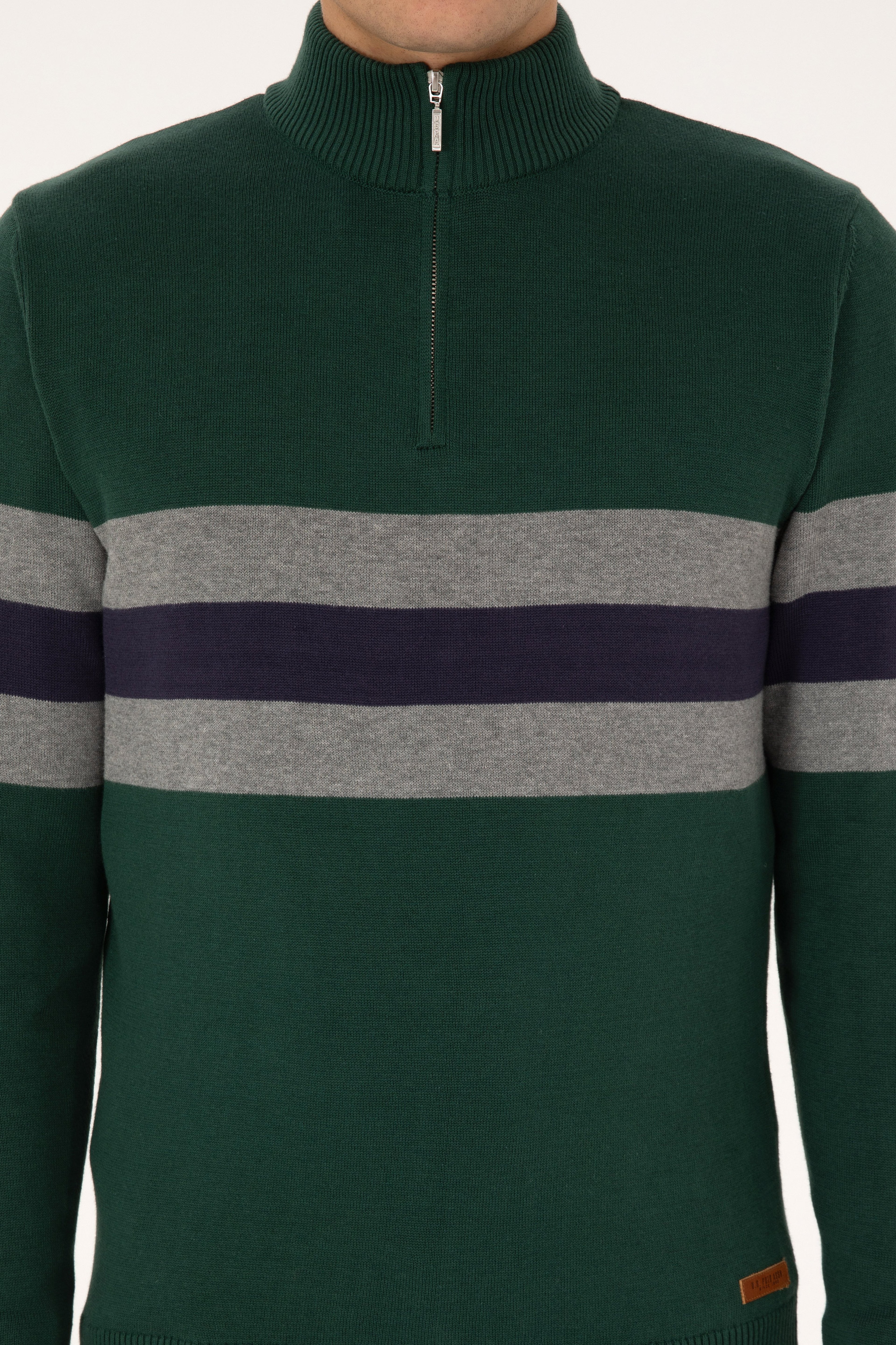 Erkek Regular Fit Yarım Fermuarlı Koyu Yeşil Kazak - Image 6